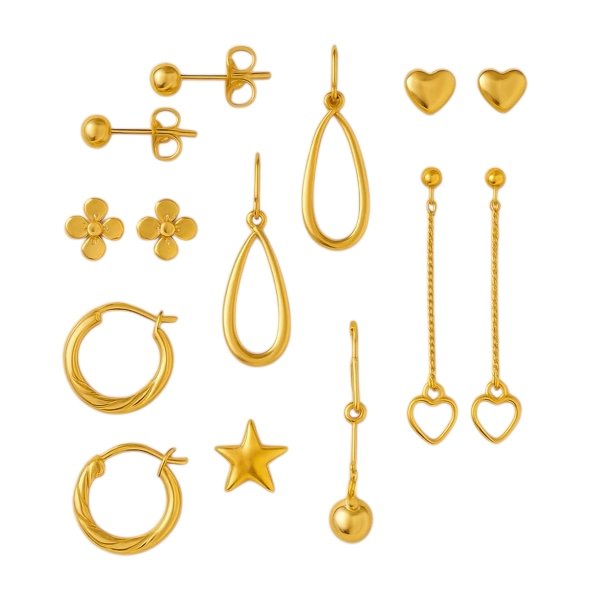 Aretes de oro 14K auténticos para mujer con múltiples diseños elegantes: topes, colgantes, estrellas, corazones y aros de oro sólido