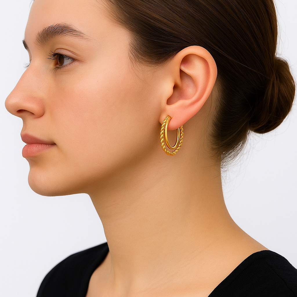 Aretes Argolla Doble Tubo Liso y Torcido en Oro 14K