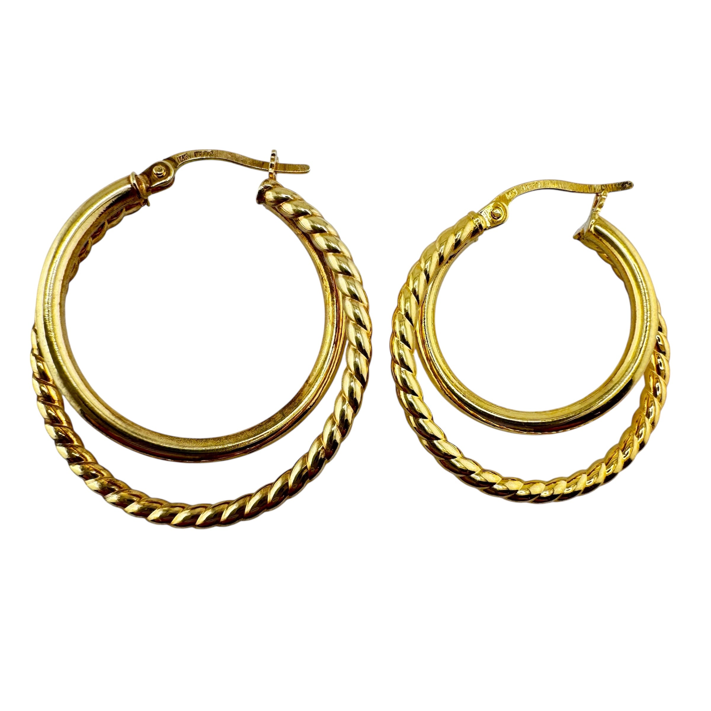 Aretes Argolla Doble Tubo Liso y Torcido en Oro 14K