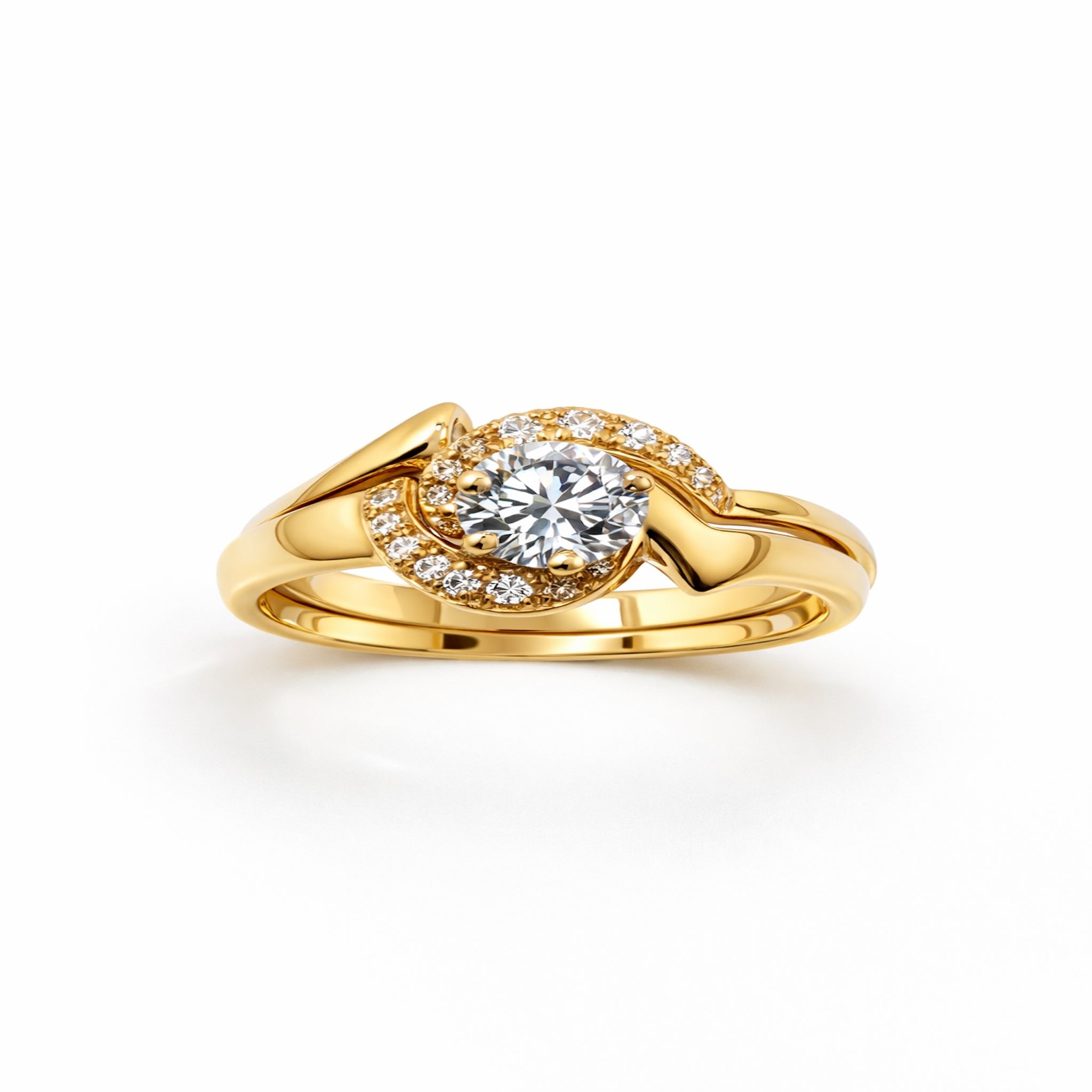 Anillo de compromiso entrelazado de Oro 14K 4 mm con circonia central en engaste decorado, en fondo blanco, acabado brillante de TuOro