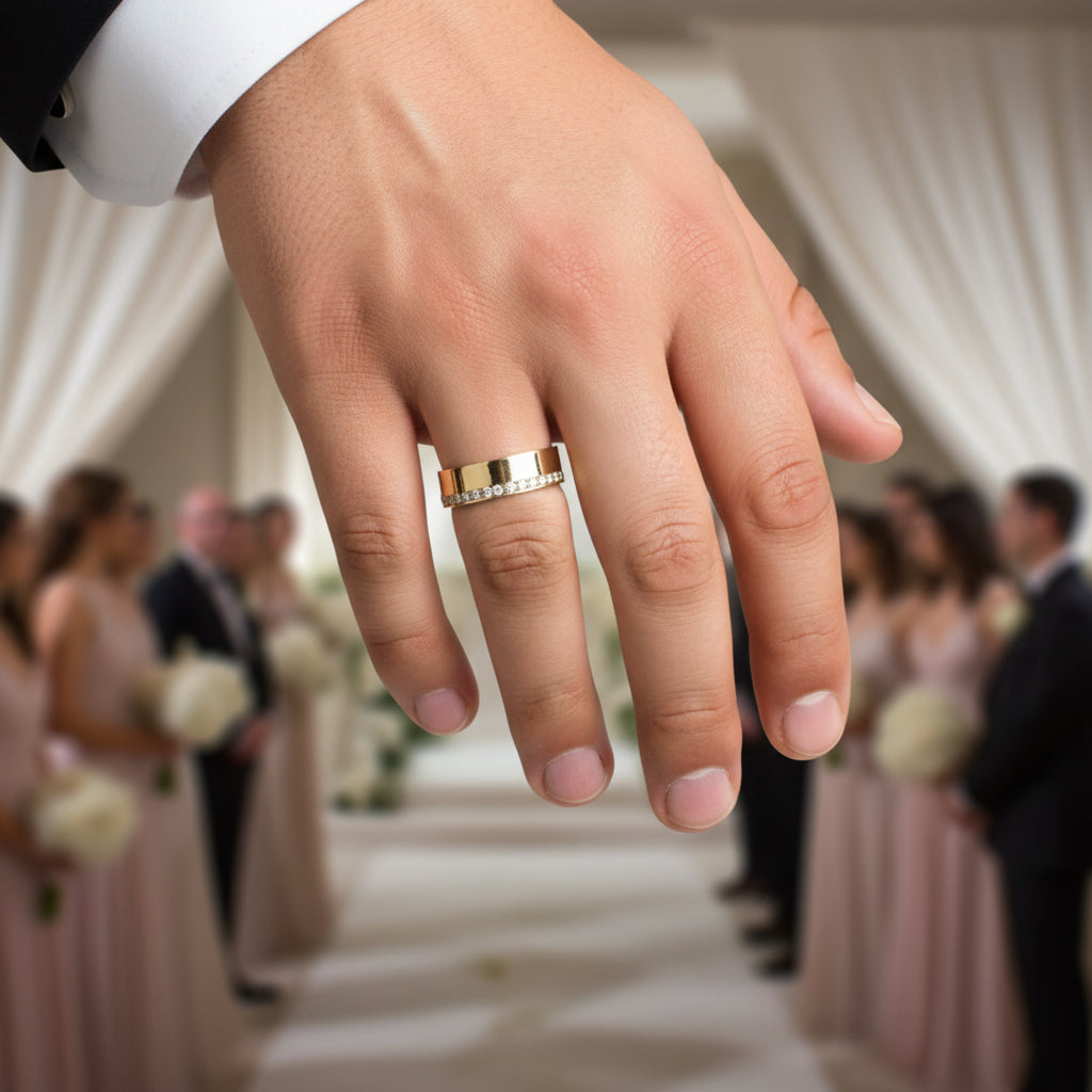Anillo de compromiso eternidad en Oro 14K con circonias estilo media eternidad en mano – TuOro