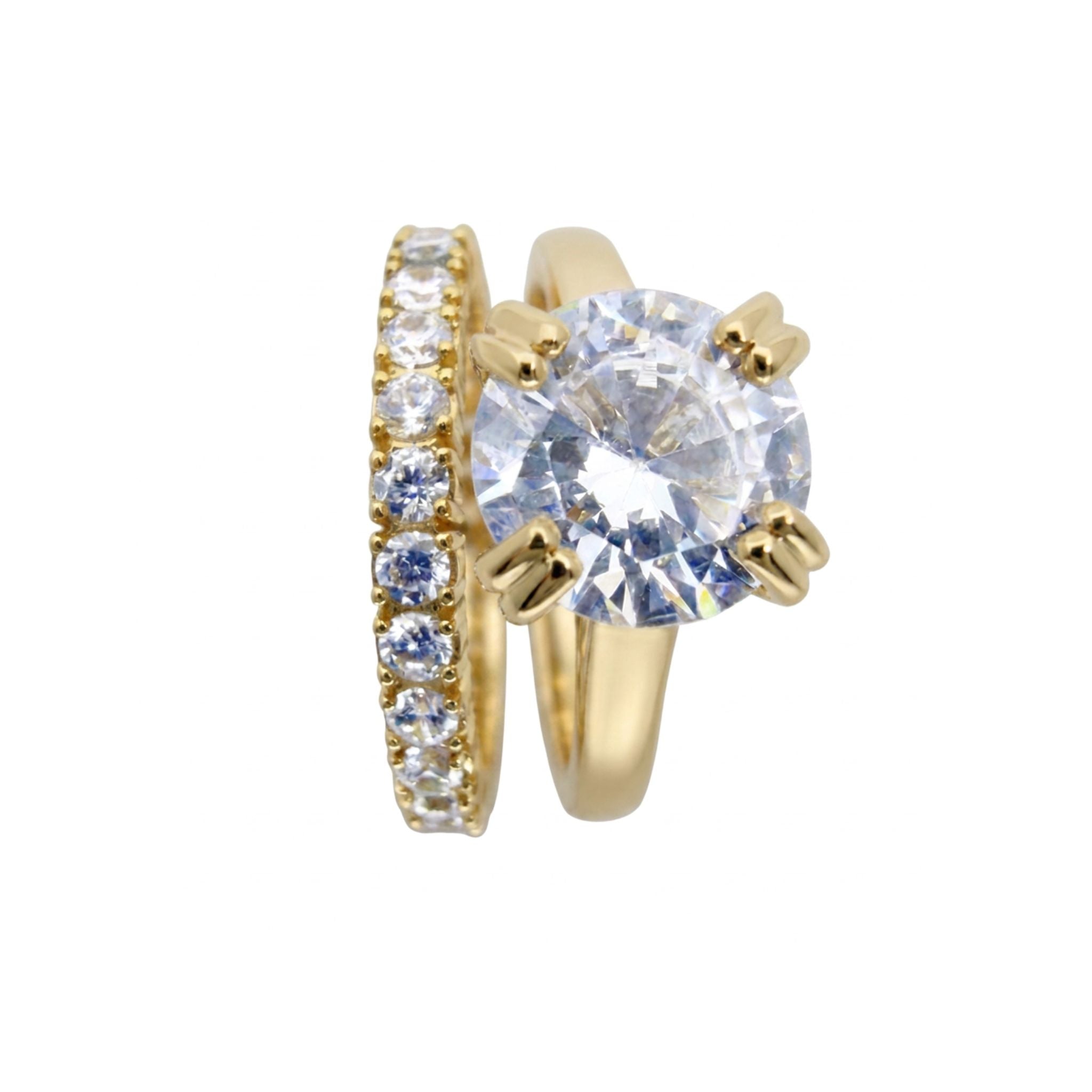Set de anillo de compromiso eternidad en Oro 14K con circonia central redonda y banda con circonias, TuOro®