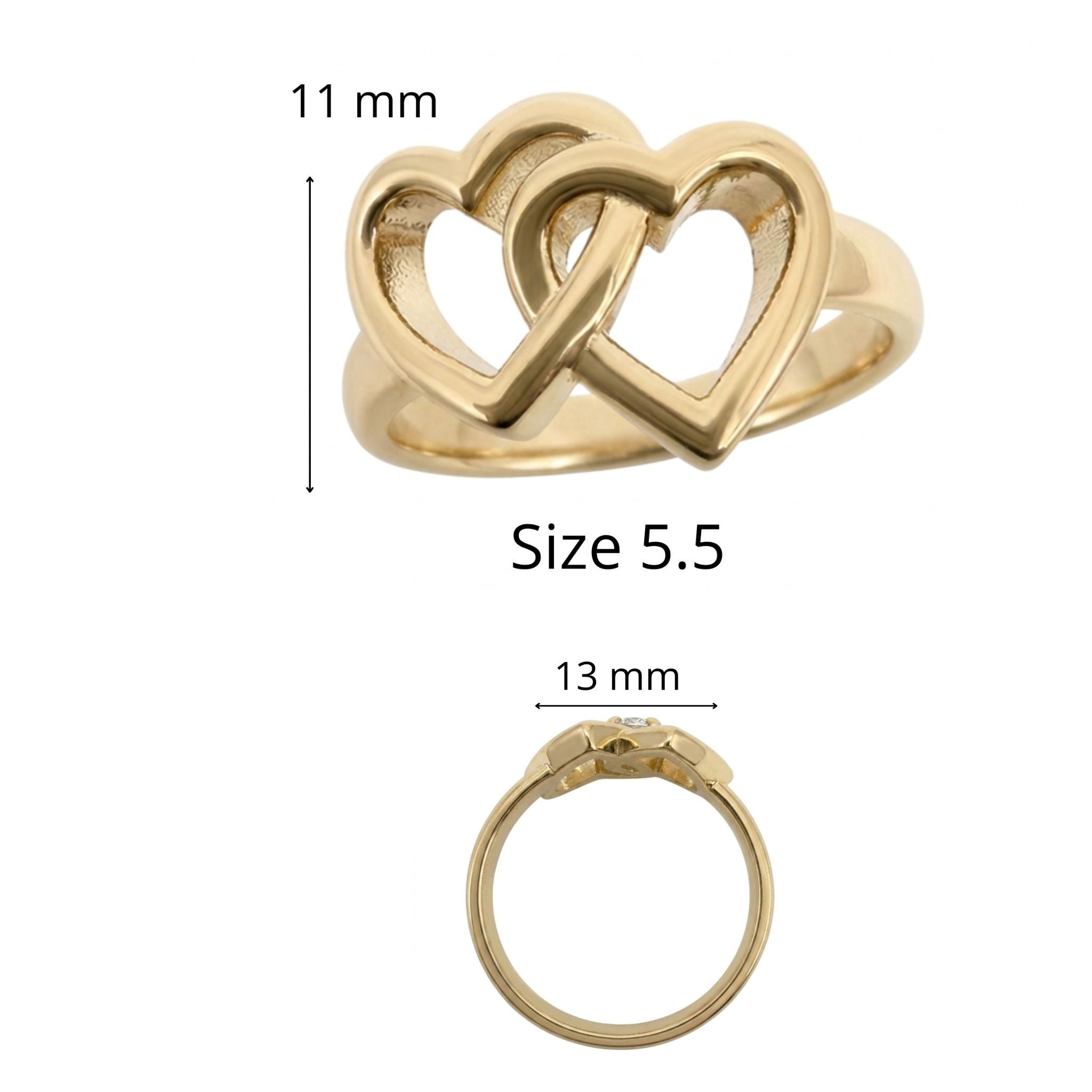 Anillo de Corazones Madre e Hija en Oro 10K TuOro® talla 5.5, con diseño de corazones de 11 mm de alto por 13 mm de ancho.