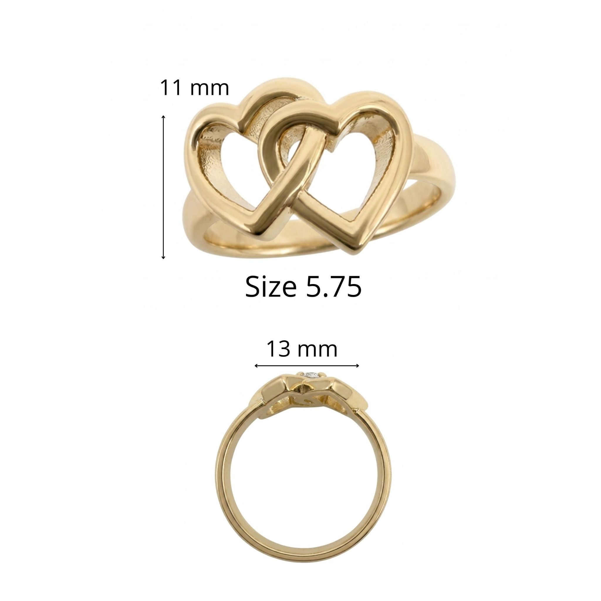 Anillo de Corazones Madre e Hija en Oro 10K TuOro® talla 5.75, con doble corazón de 11 mm de alto por 13 mm de ancho.
