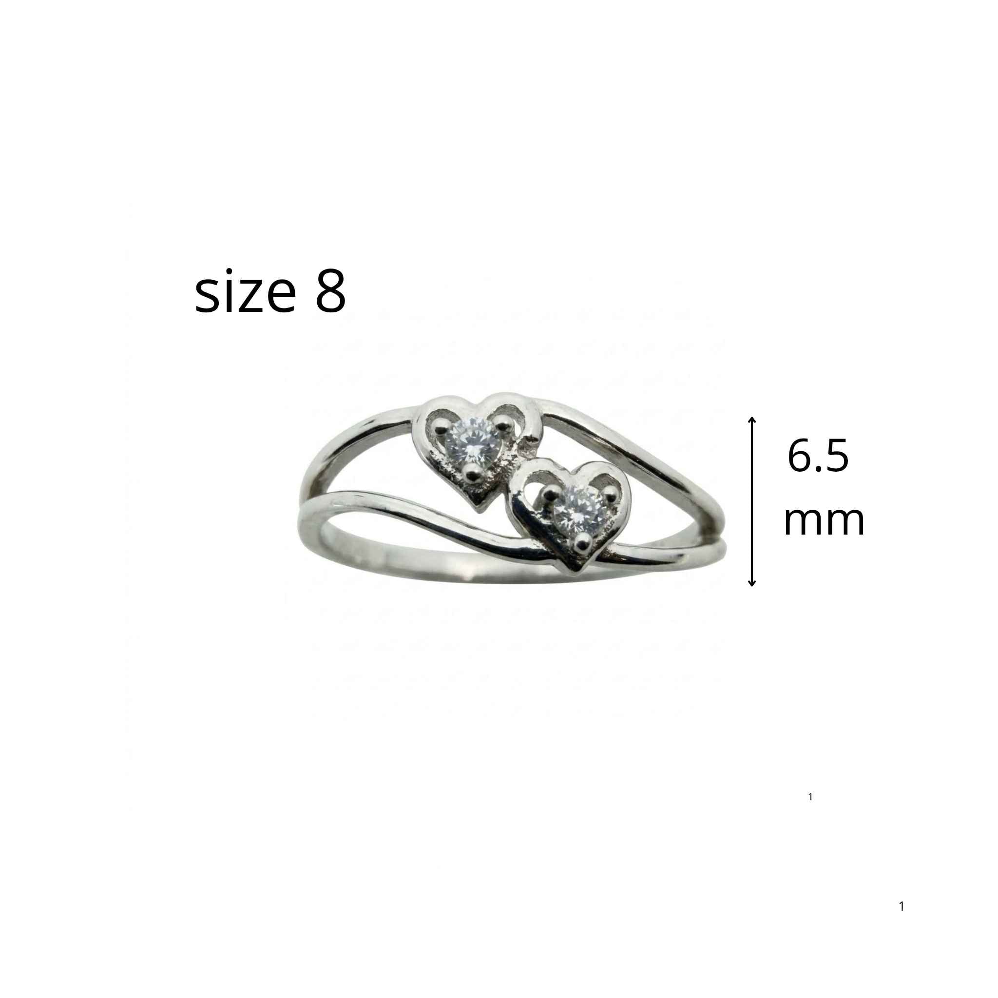 Anillo Doble Corazón en Plata 925 TuOro talla 8 con altura de 6.5 mm y circones pequeños en corazones