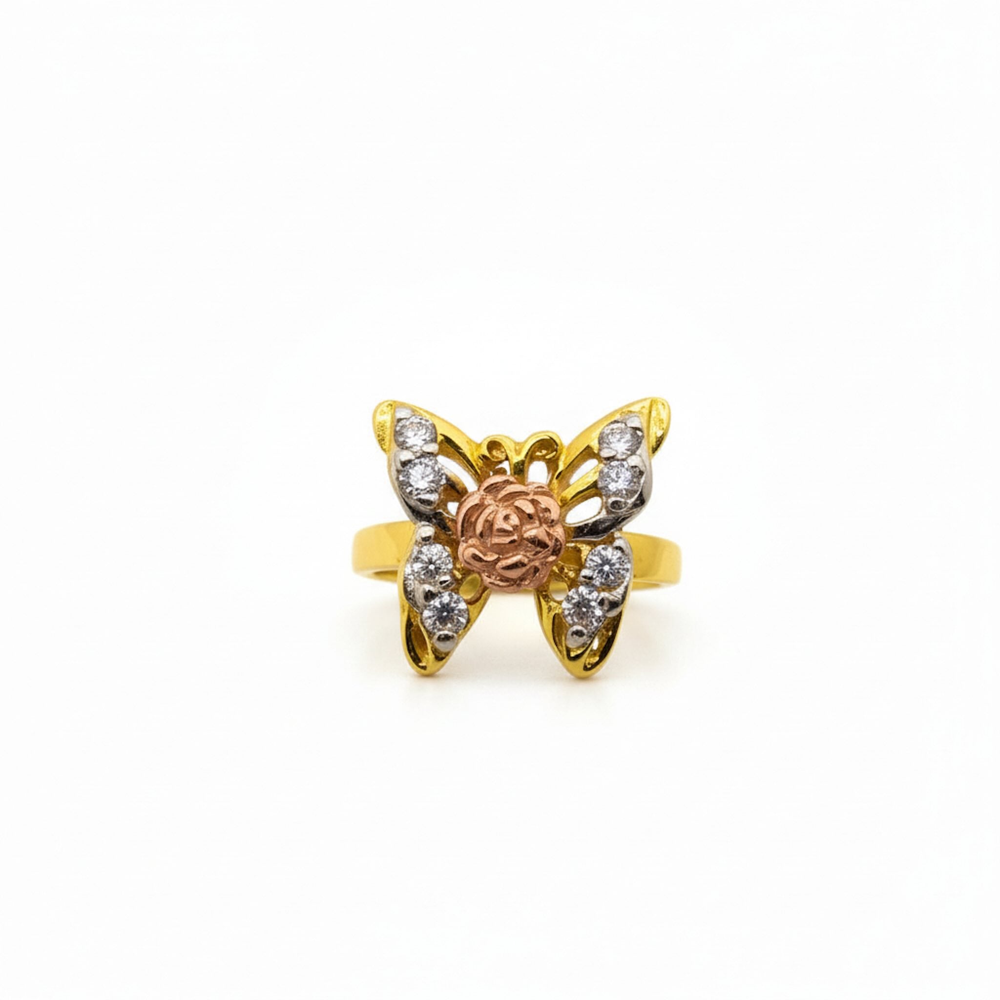 Anillo grueso de Oro 14K con mariposa de circonias y flor central en relieve — TuOro