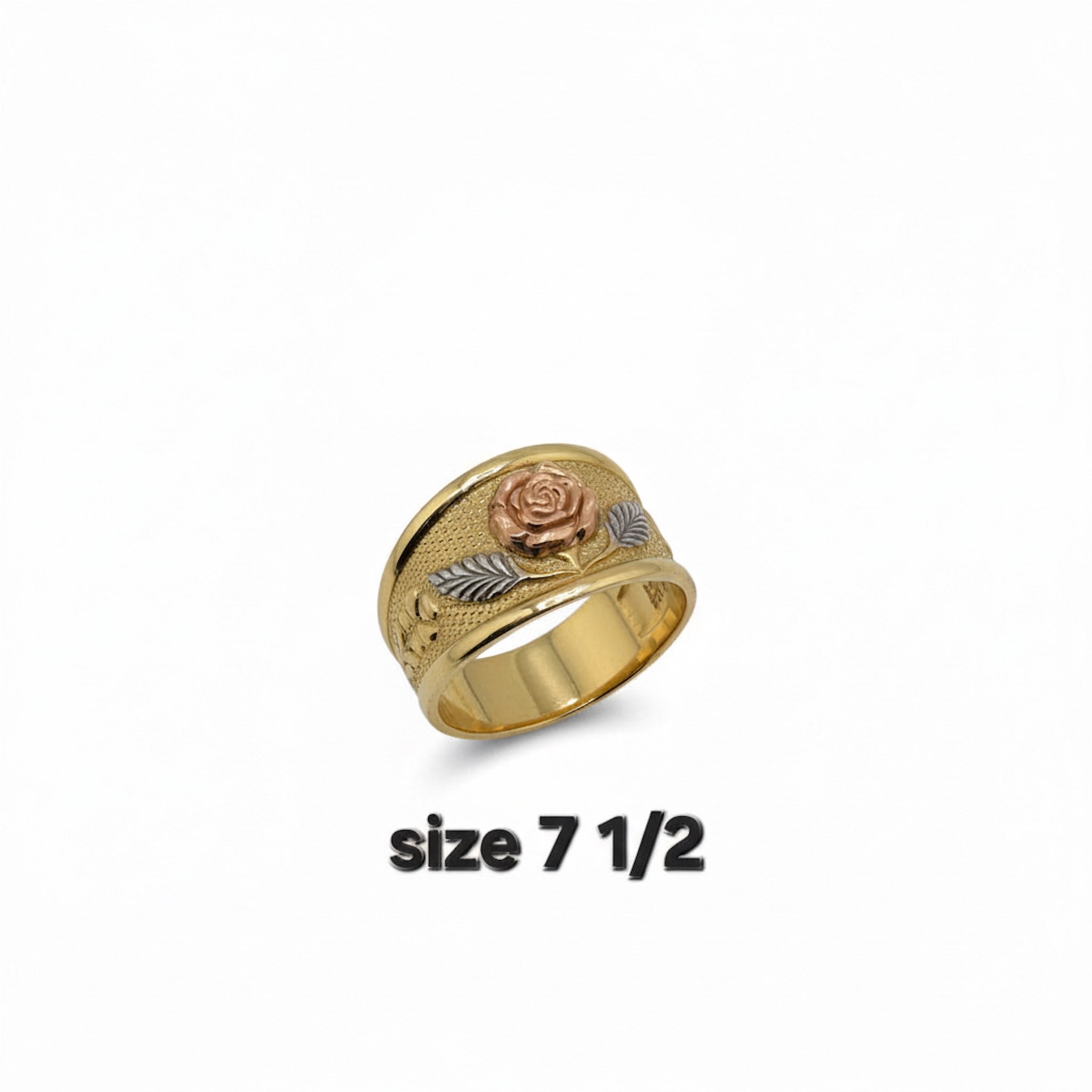 Anillo grueso de Oro 14K con rosa central tricolor y hojas decorativas talla 7½ — TuOro