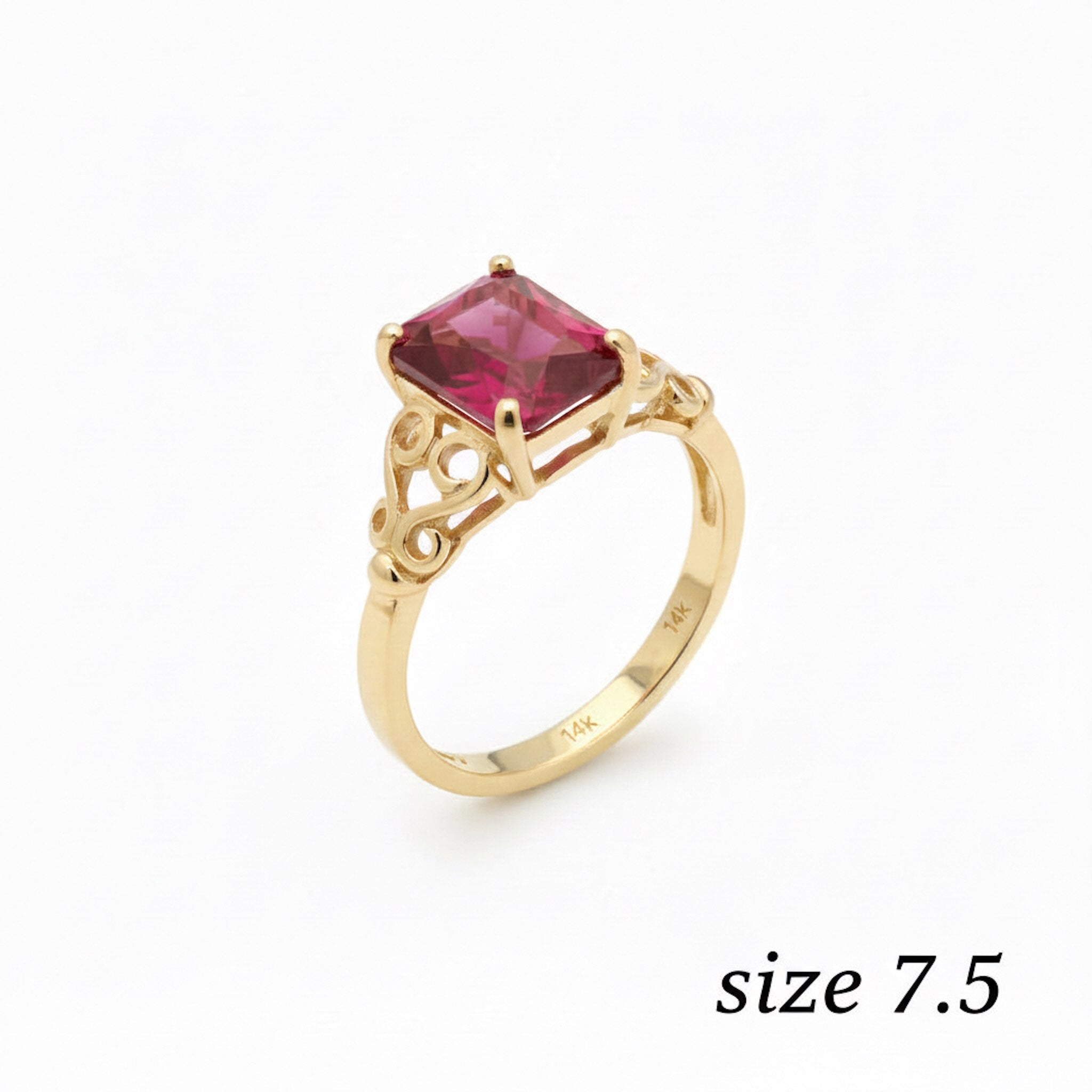Anillo de Oro 14K con circonia roja cuadrada y diseño de filigrana talla 7.5 - TuOro