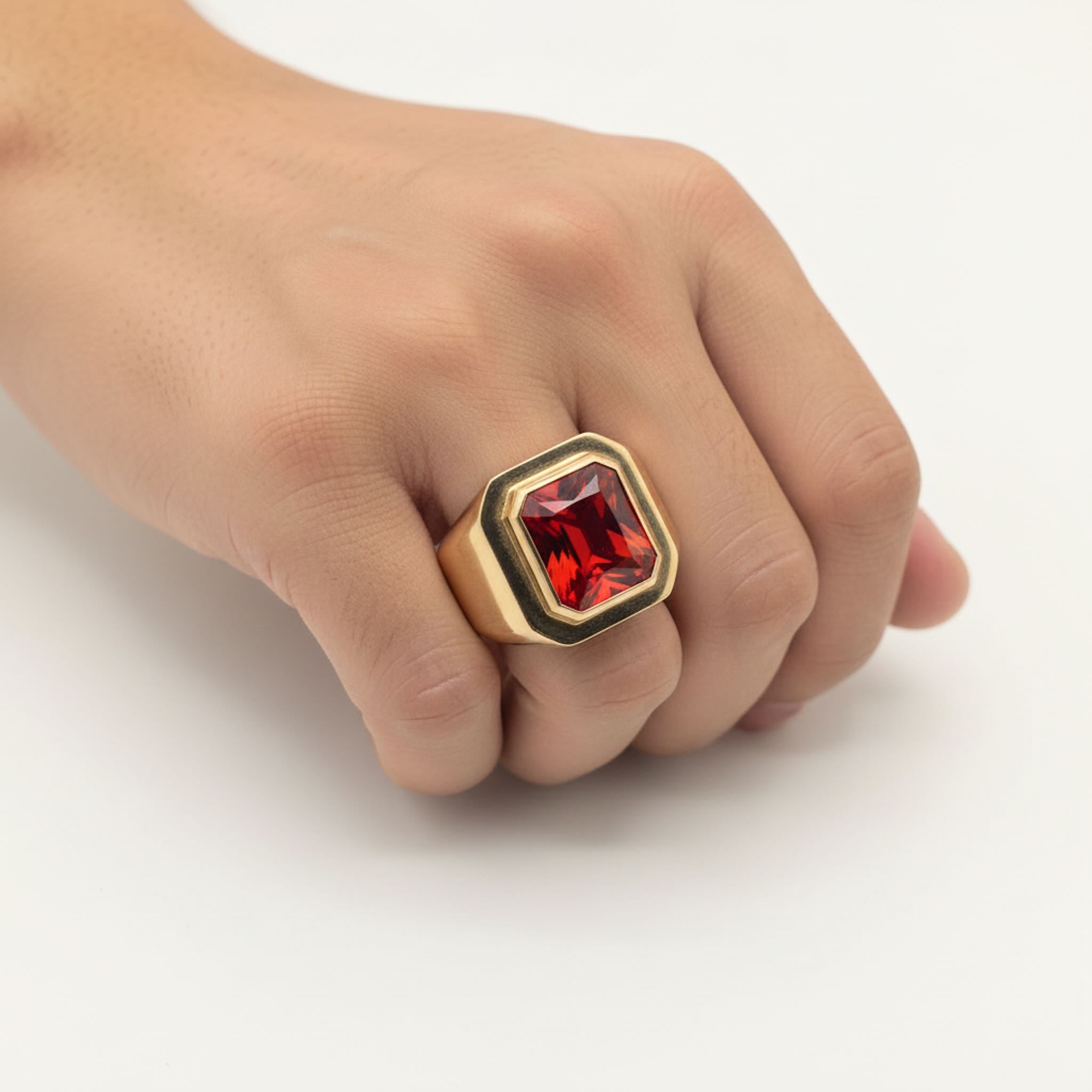 anillo de oro 14k con circonia roja cuadrada estilo sello en mano tuoro