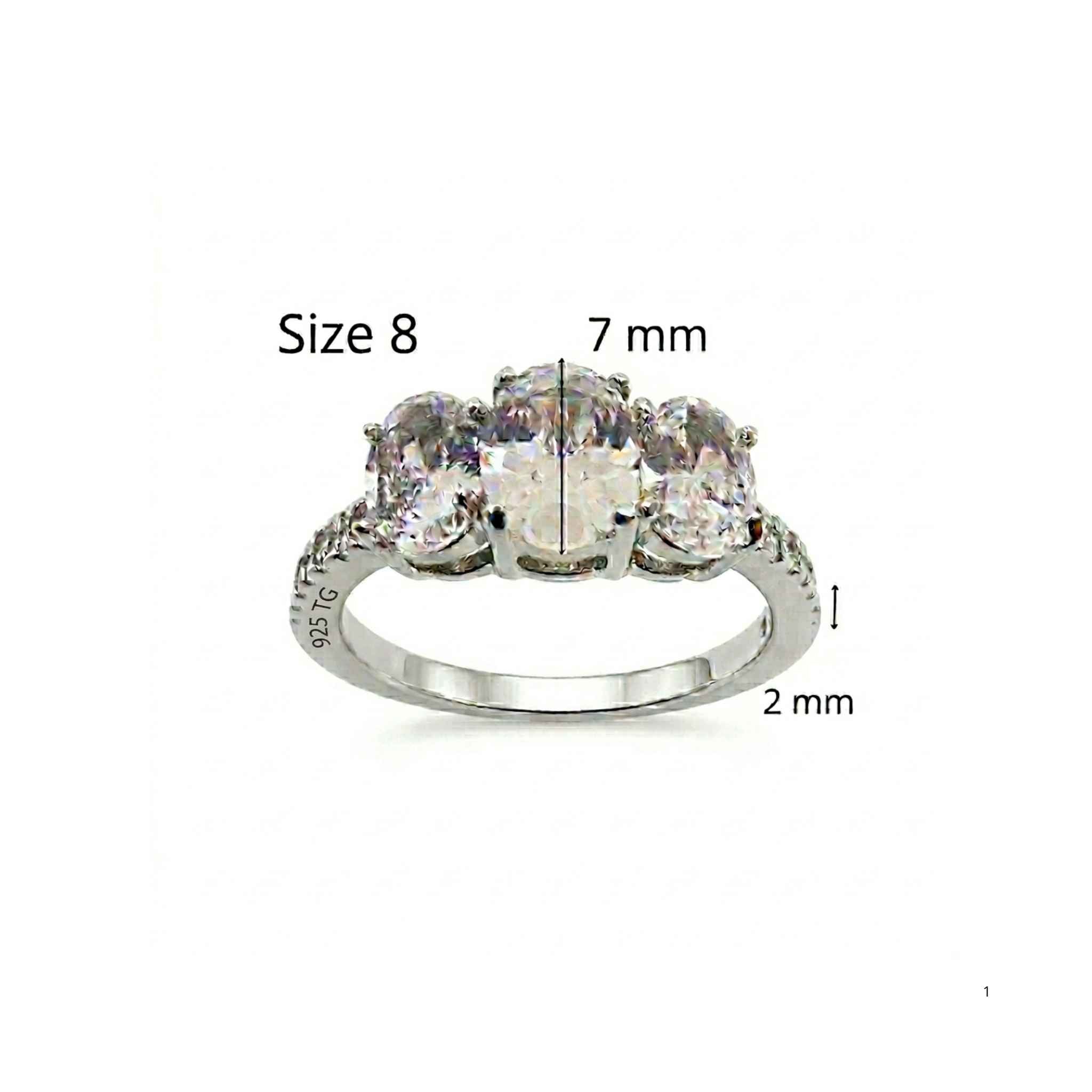 Anillo de promesa tres piedras ovaladas de Plata 925 con medidas de referencia, circonias brillantes y acabado de rodio de TuOro