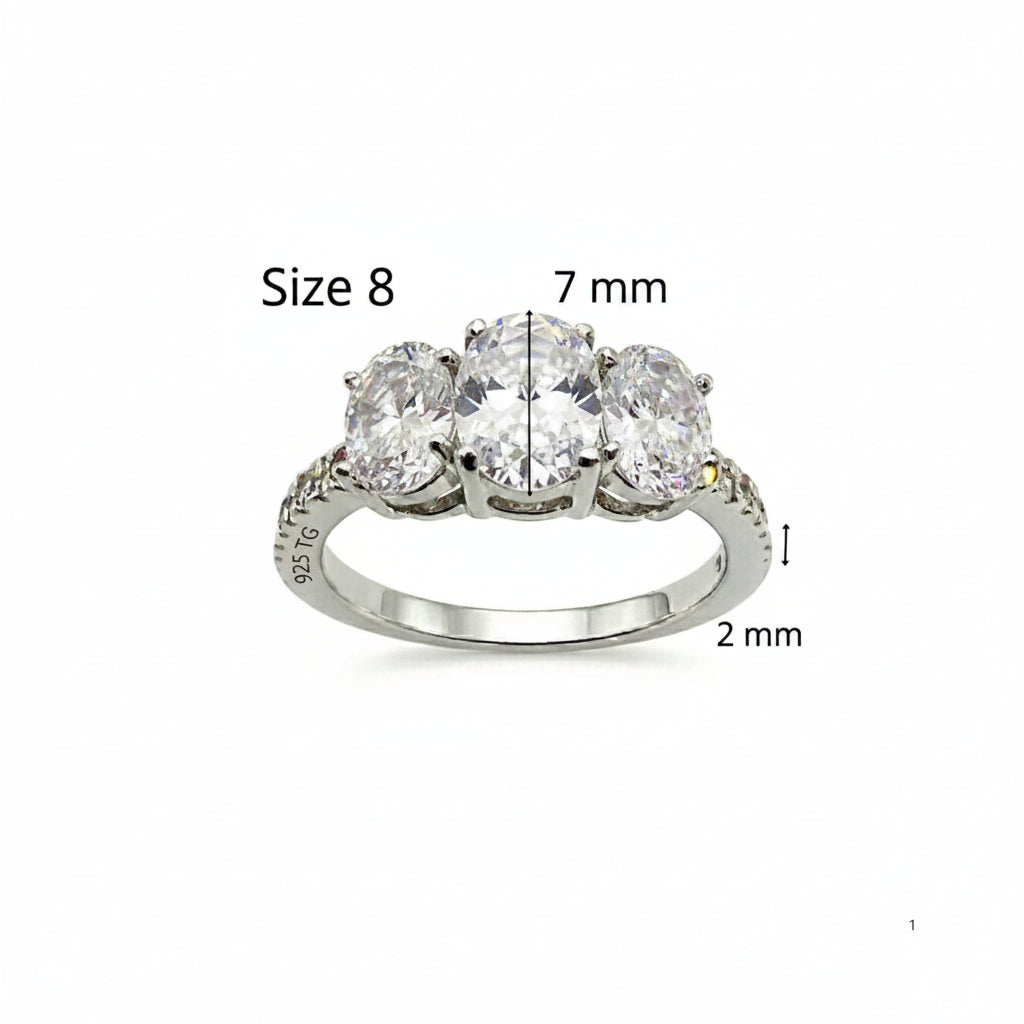 Anillo de promesa tres piedras ovaladas de Plata 925 con medidas de referencia, circonias brillantes y acabado de rodio de TuOro