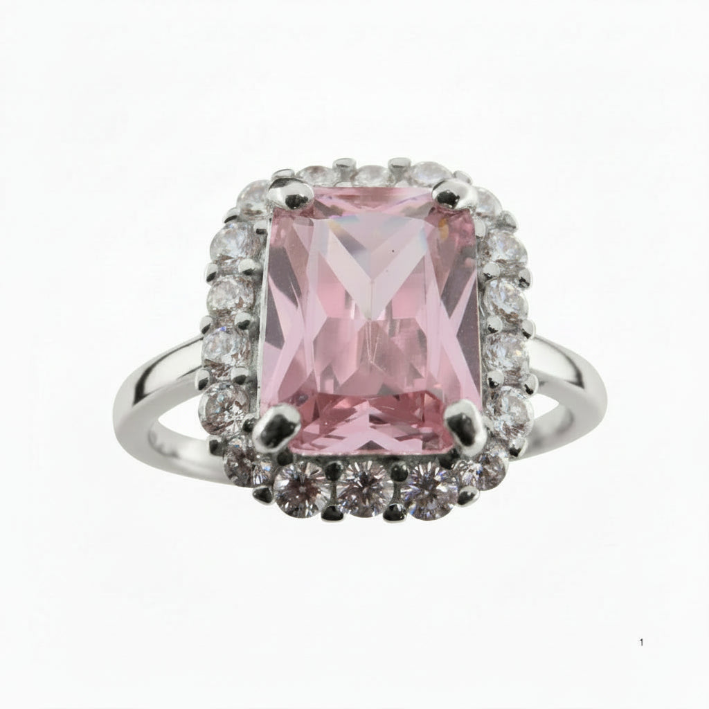 Anillo Rosa Cojín en Plata 925 con circonia rosa central y halo de circonias brillantes de TuOro