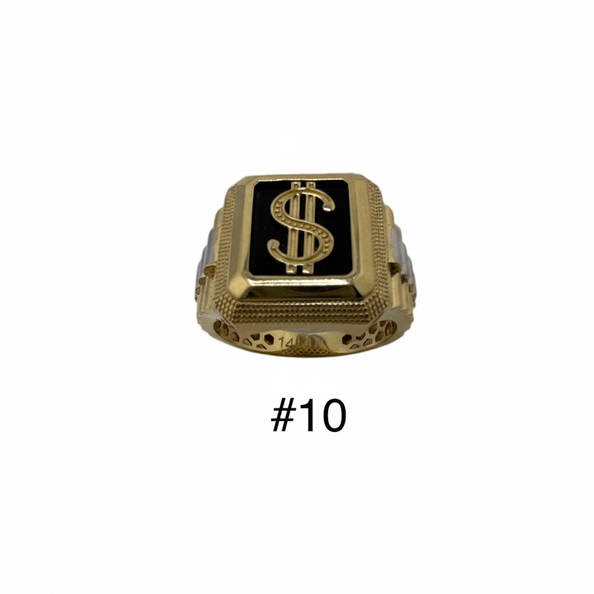 Anillo de sello clásico en Oro 14K con galería y signo de peso en vista superior talla 10 de TuOro