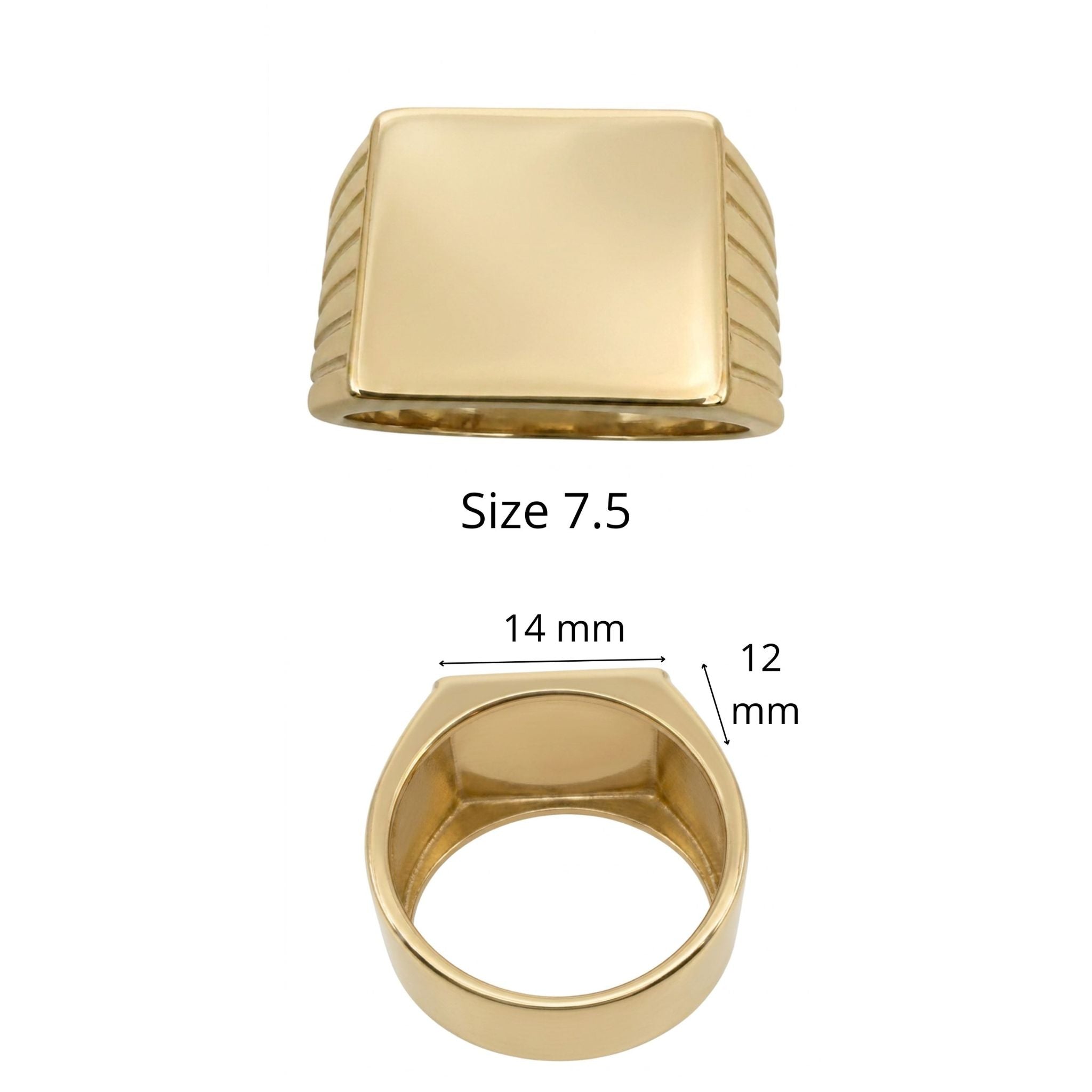 Anillo de sello para meñique en oro 10K TuOro® talla 7.5, con diseño rectangular y medidas de 14 x 12 mm.