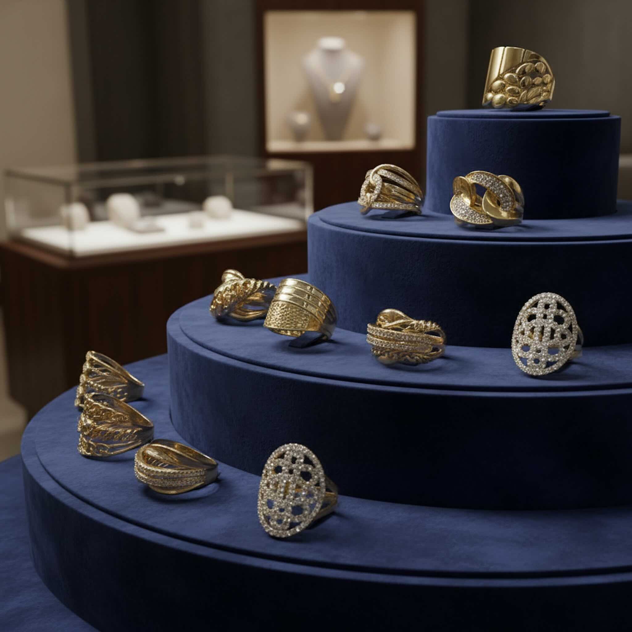 Anillos anchos de Oro 14K con diferentes diseños exhibidos en colección de TuOro