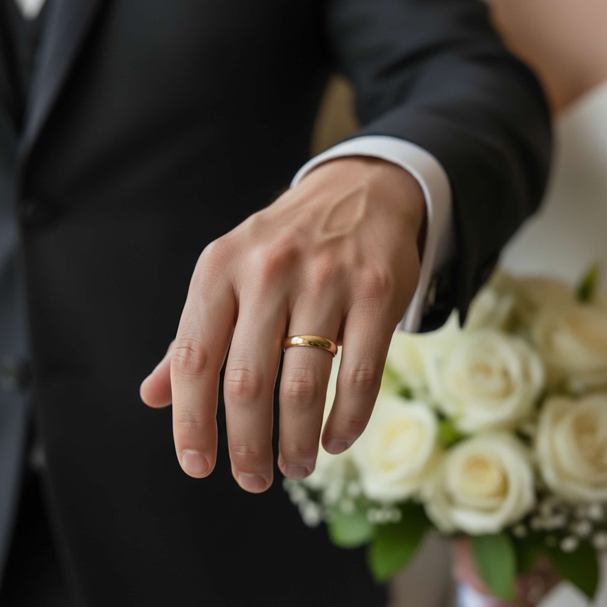 Anillos lisos de Oro 14K 3.8 mm TuOro en mano de hombre con traje elegante mostrando uso formal como alianza de boda