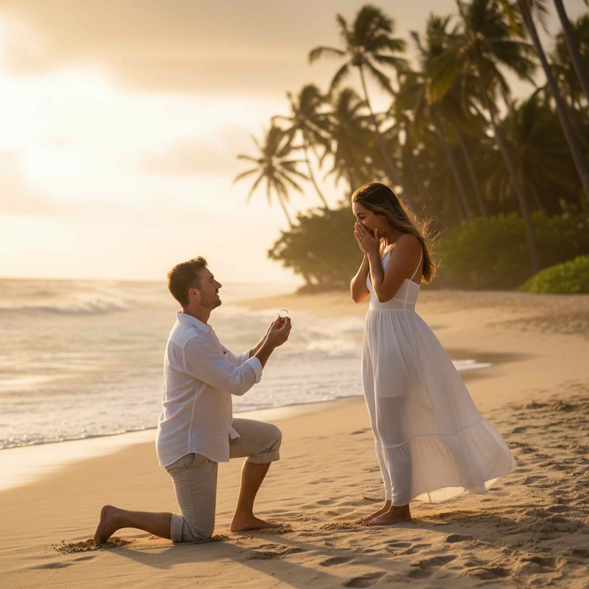 Anillos lisos de Oro 14K 3.8 mm TuOro en escena de propuesta de matrimonio en la playa con pareja en momento romántico