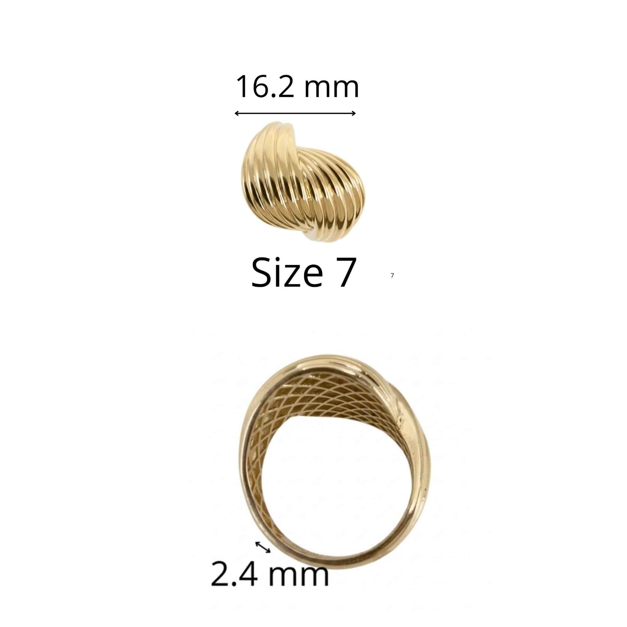 Anillo llamativo en Oro 10K con galería, diseño acanalado y voluminoso, talla 7, frente de 16.2 mm y banda de 2.4 mm, TuOro.