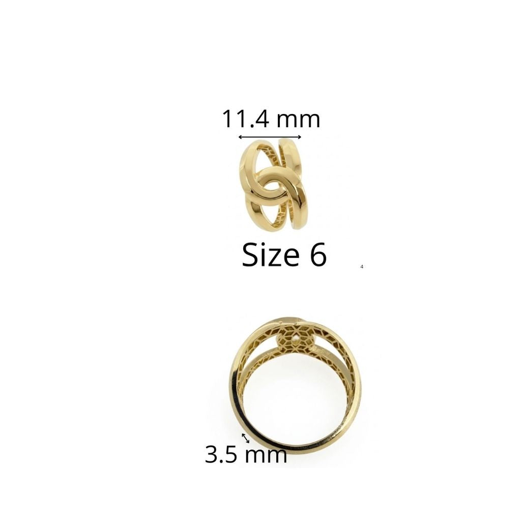 Anillo llamativo en Oro 10K con galería, diseño de enlace central, talla 6, frente de 11.4 mm y banda de 3.5 mm, TuOro.