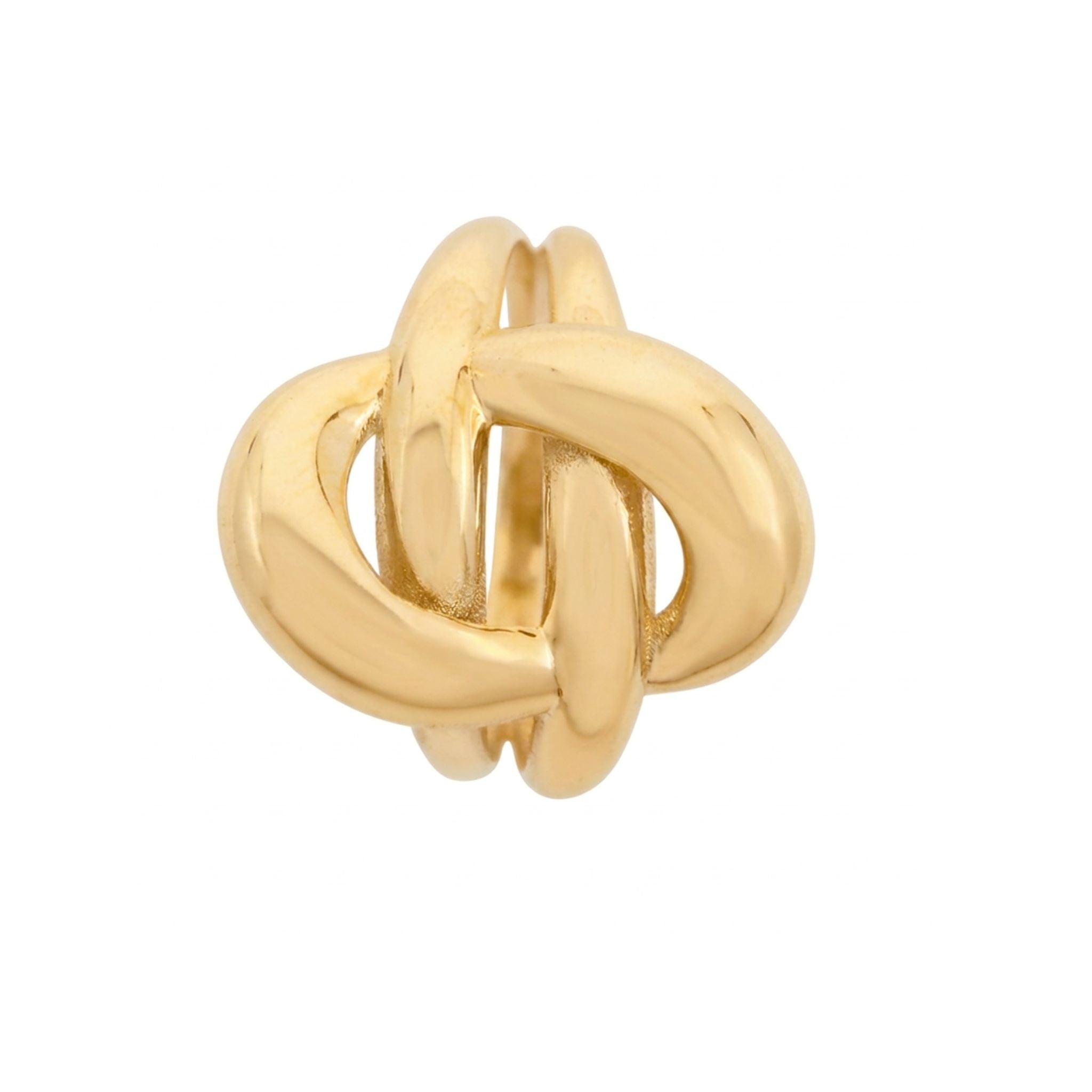 Anillo llamativo en Oro 10K TuOro® con diseño de nudo entrelazado y formas redondeadas, vista frontal sobre fondo blanco.