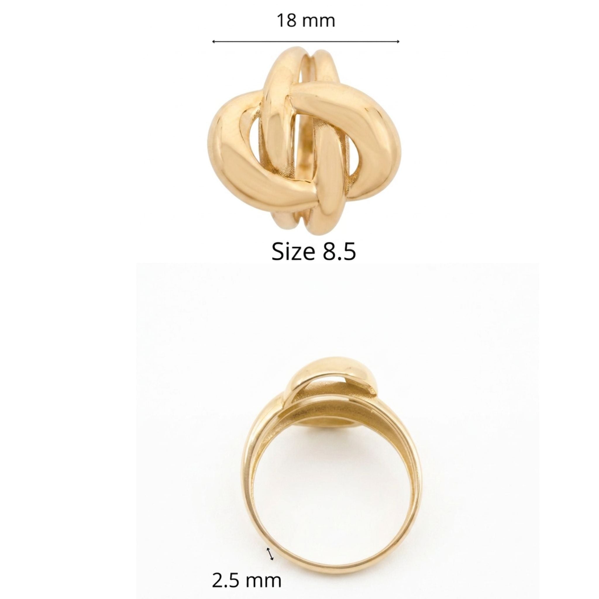 Anillo llamativo en Oro 10K TuOro® con diseño de nudo entrelazado, talla 8.5, frente de 18 mm y banda de 2.5 mm.