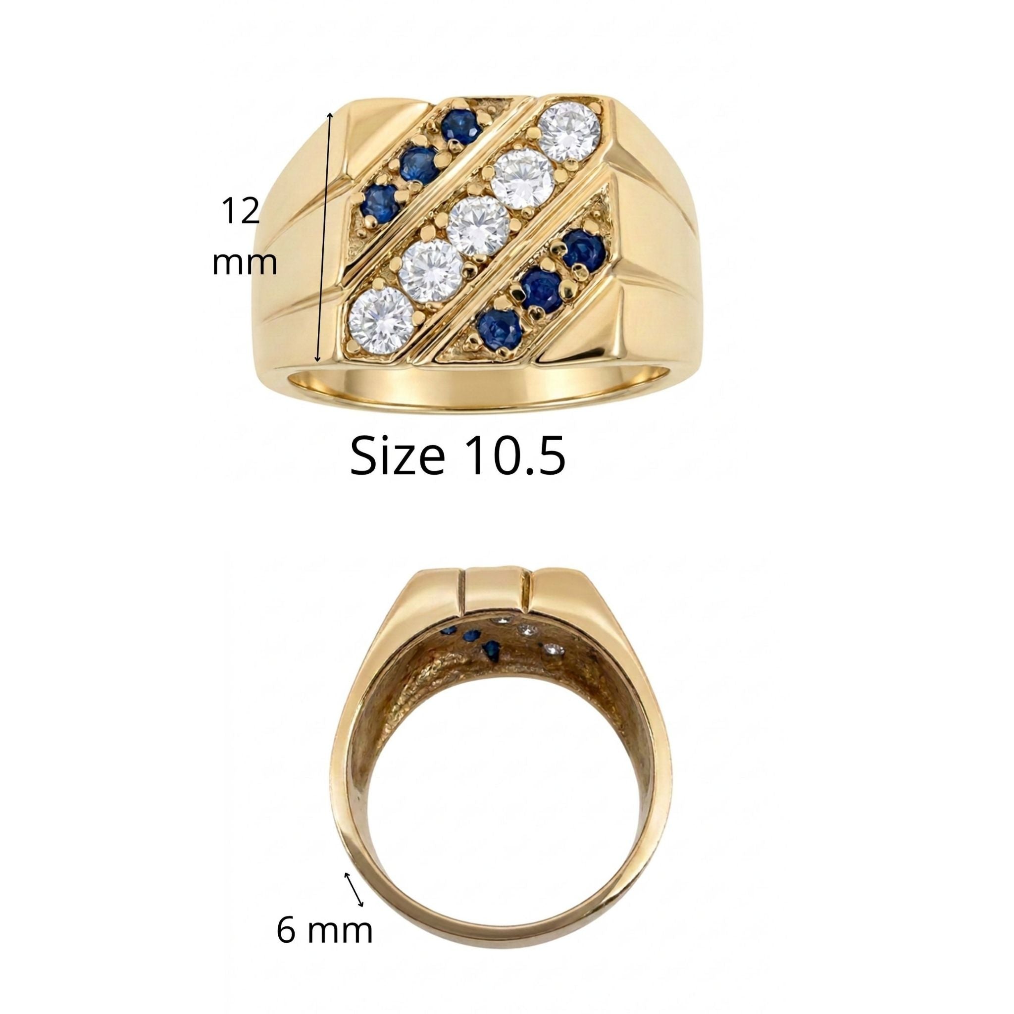 Anillos de Oro 10K para Hombre, variante Cinco Piedras talla 10.5, con diseño de 12 mm y circonias blancas y azules.