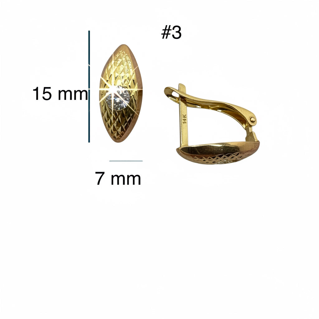 Arete Almendra Diamantada con zirconia cierre catalan Oro 14K, Mostrando medidas, 7x15 mm. TuOro.