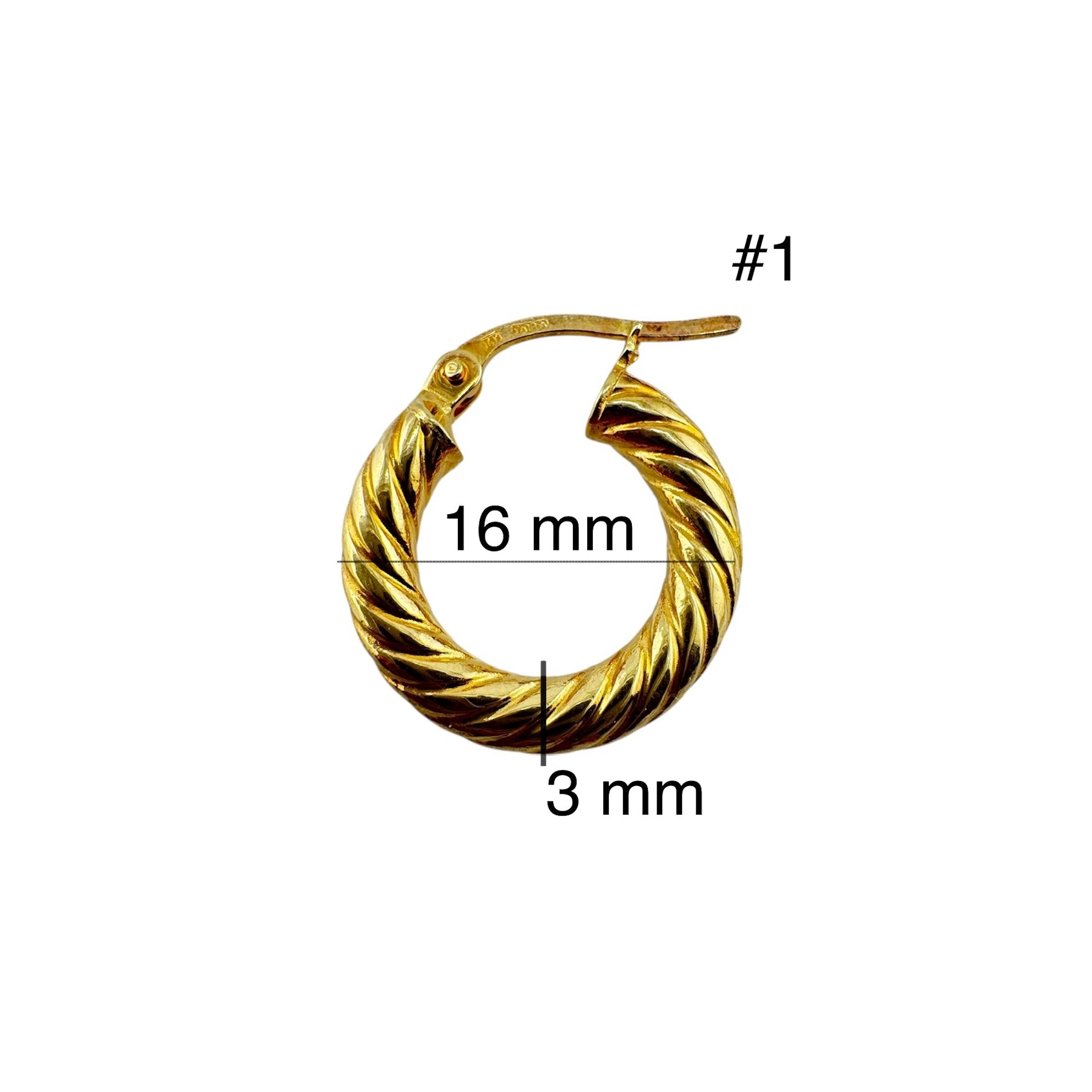 Arete argolla torcido en oro 14K de 16 mm de diámetro y 3 mm de grosor, diseño estilo cuerda con cierre seguro, ideal para uso diario elegante.