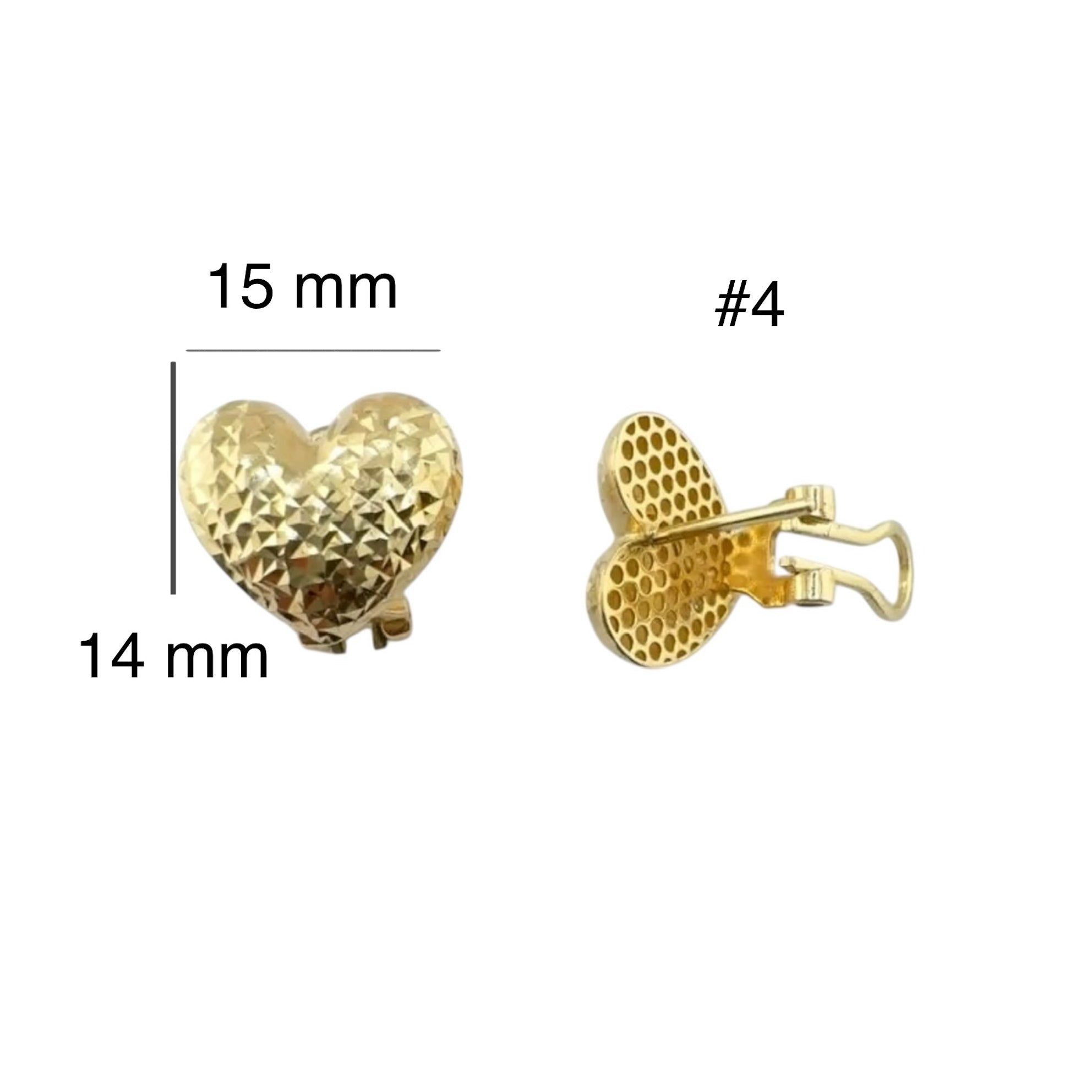 “Arete de botón corazón facetado N.º 4 en oro 14k con cierre omega, medidas 14 x 15 mm, vista frontal y trasera”