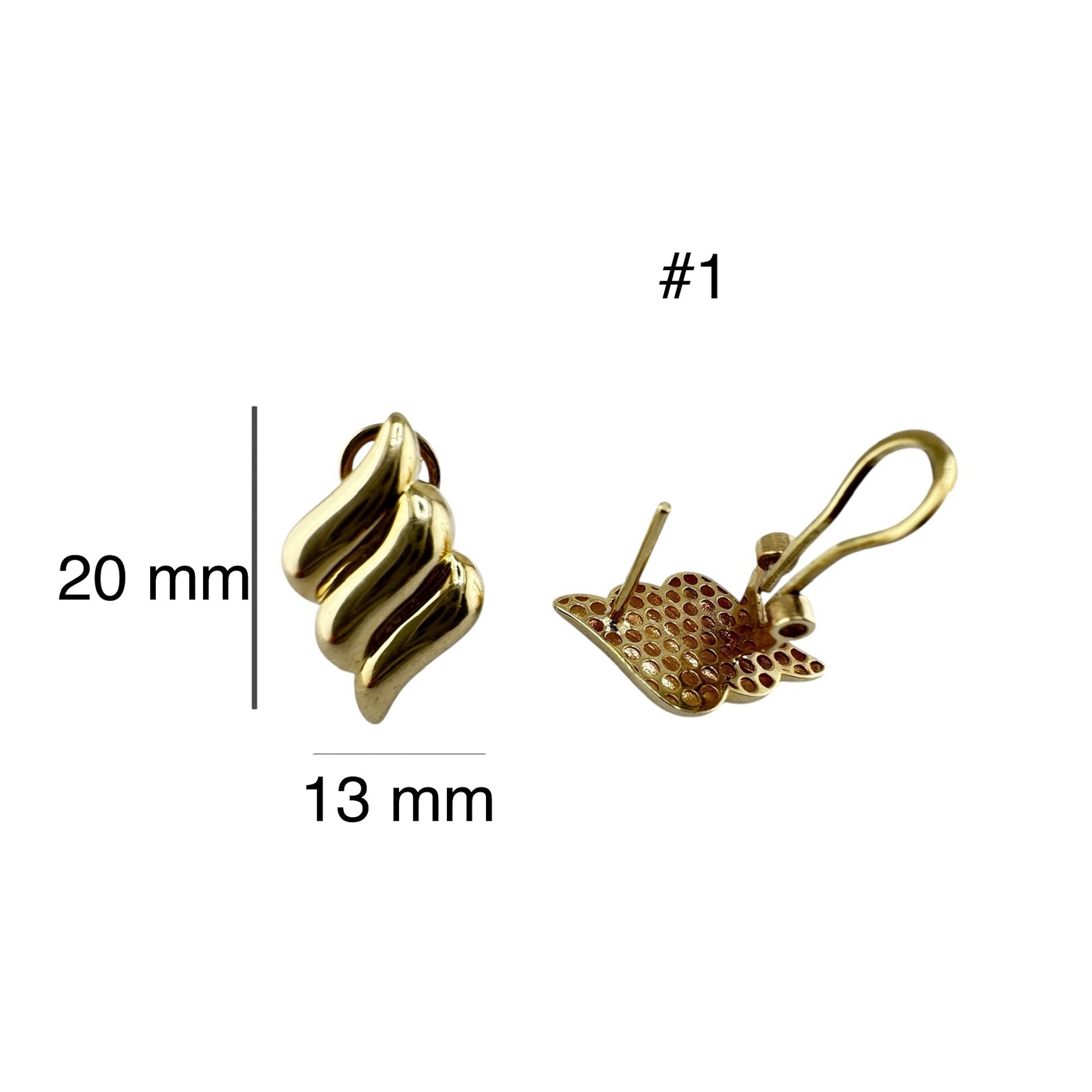 “Arete de botón ondulado N.º 1 en oro 14k con cierre omega, medidas 20 x 13 mm, vista frontal y trasera