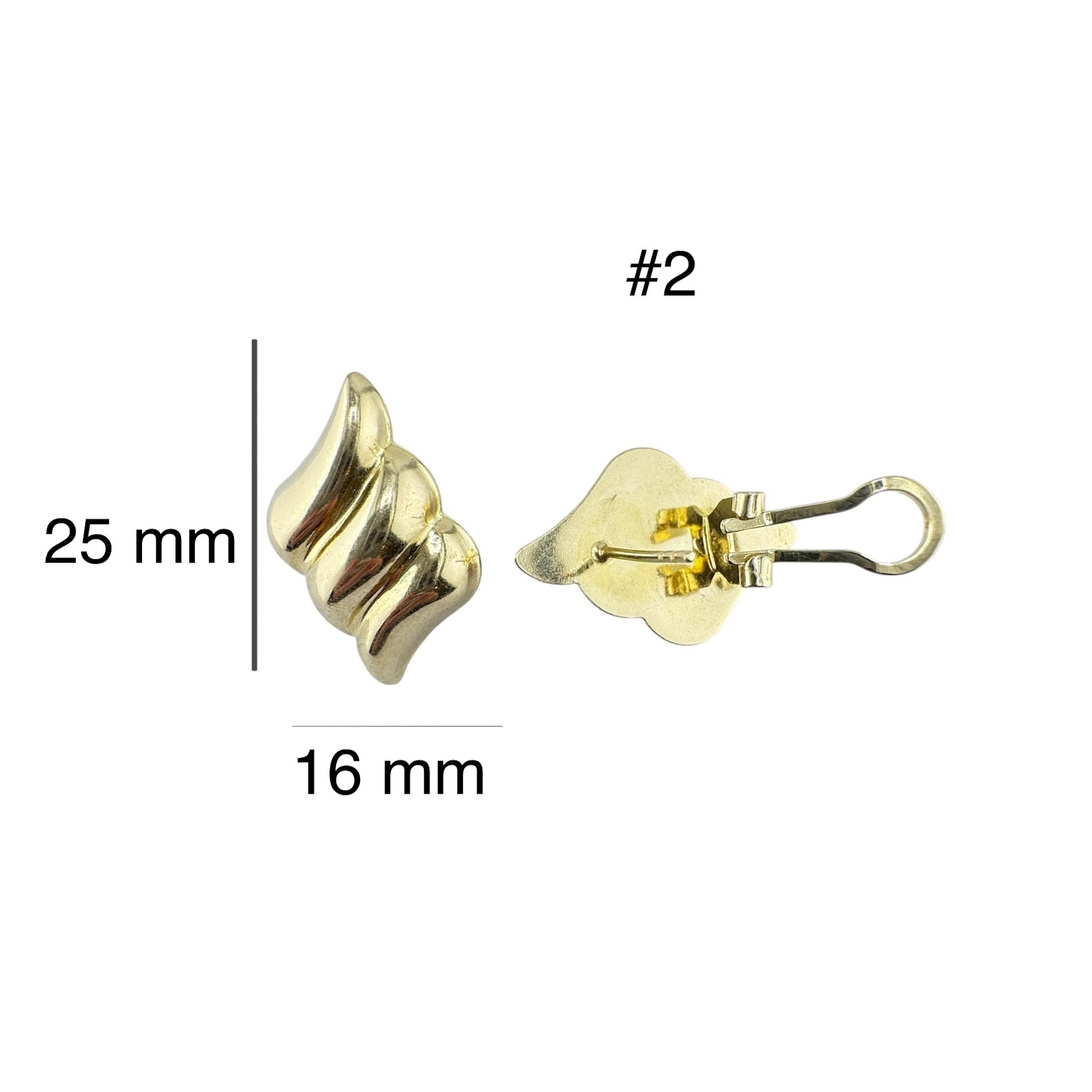 “Arete de botón ondulado N.º 2 en oro 14k con cierre omega, medidas 25 x 16 mm, vista frontal y trasera”
