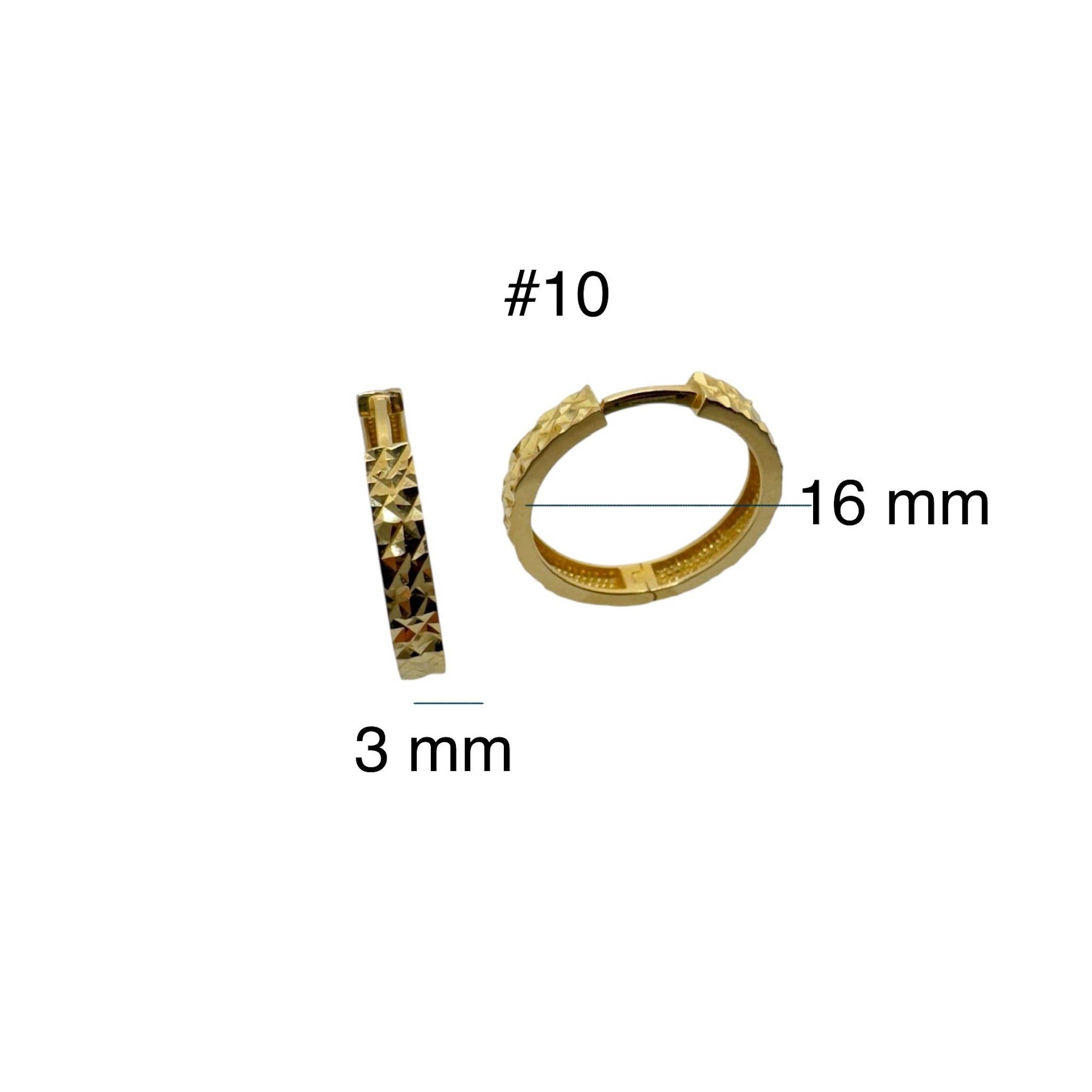 Areste corto cierre huggies en Oro 14K, diamantadas completas, mostrando las medidas 16x3 mm. TuOro.