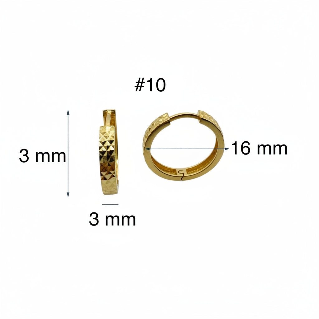 Areste corto cierre huggies en Oro 14K, diamantadas completas, mostrando las medidas 16x3 mm. TuOro.