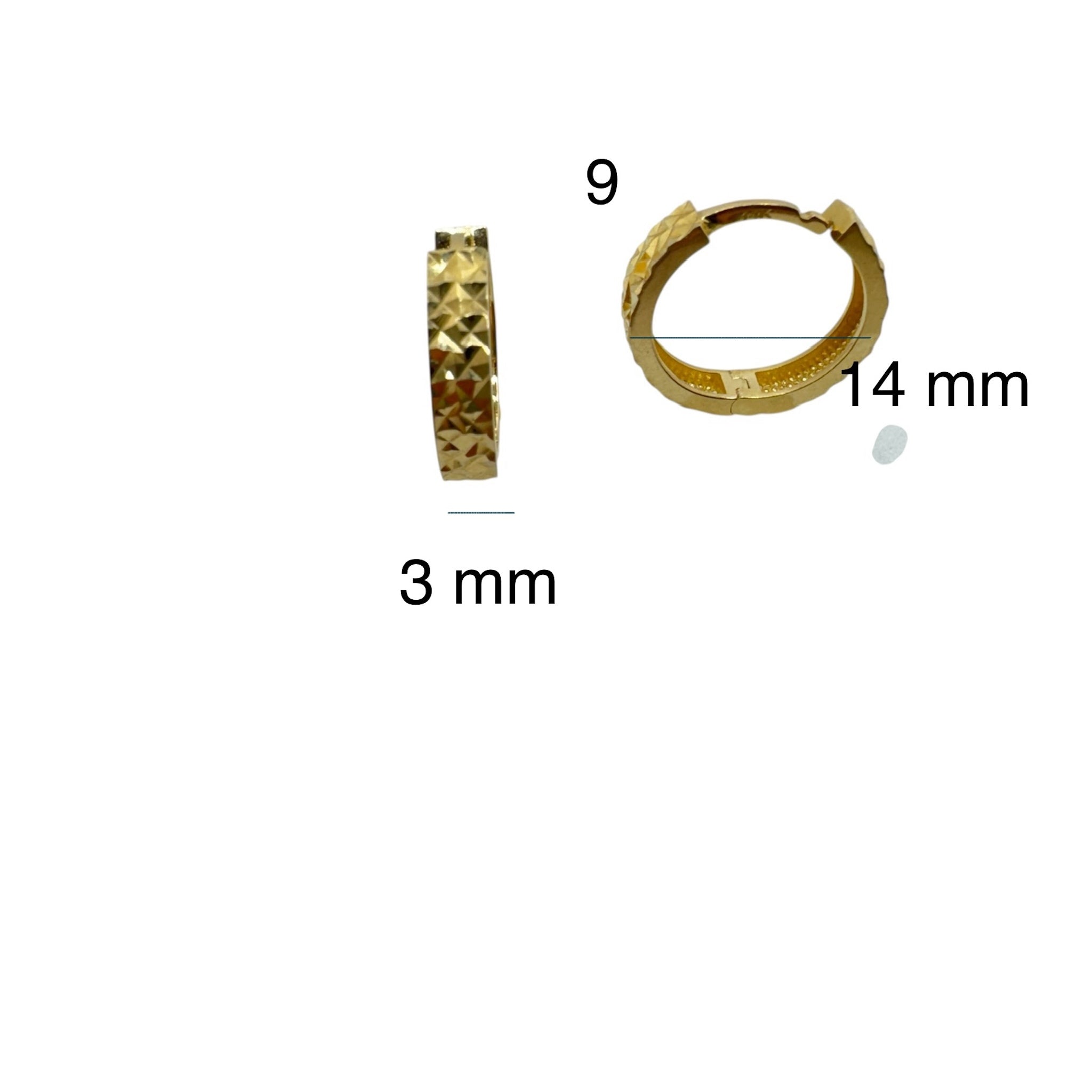 Areste corto cierre huggies en Oro 14K, diamantadas completas, mostrando las medidas 14x3 mm. TuOro.