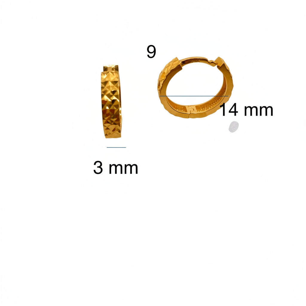 Areste corto cierre huggies en Oro 14K, diamantadas completas, mostrando las medidas 14x3 mm. TuOro.