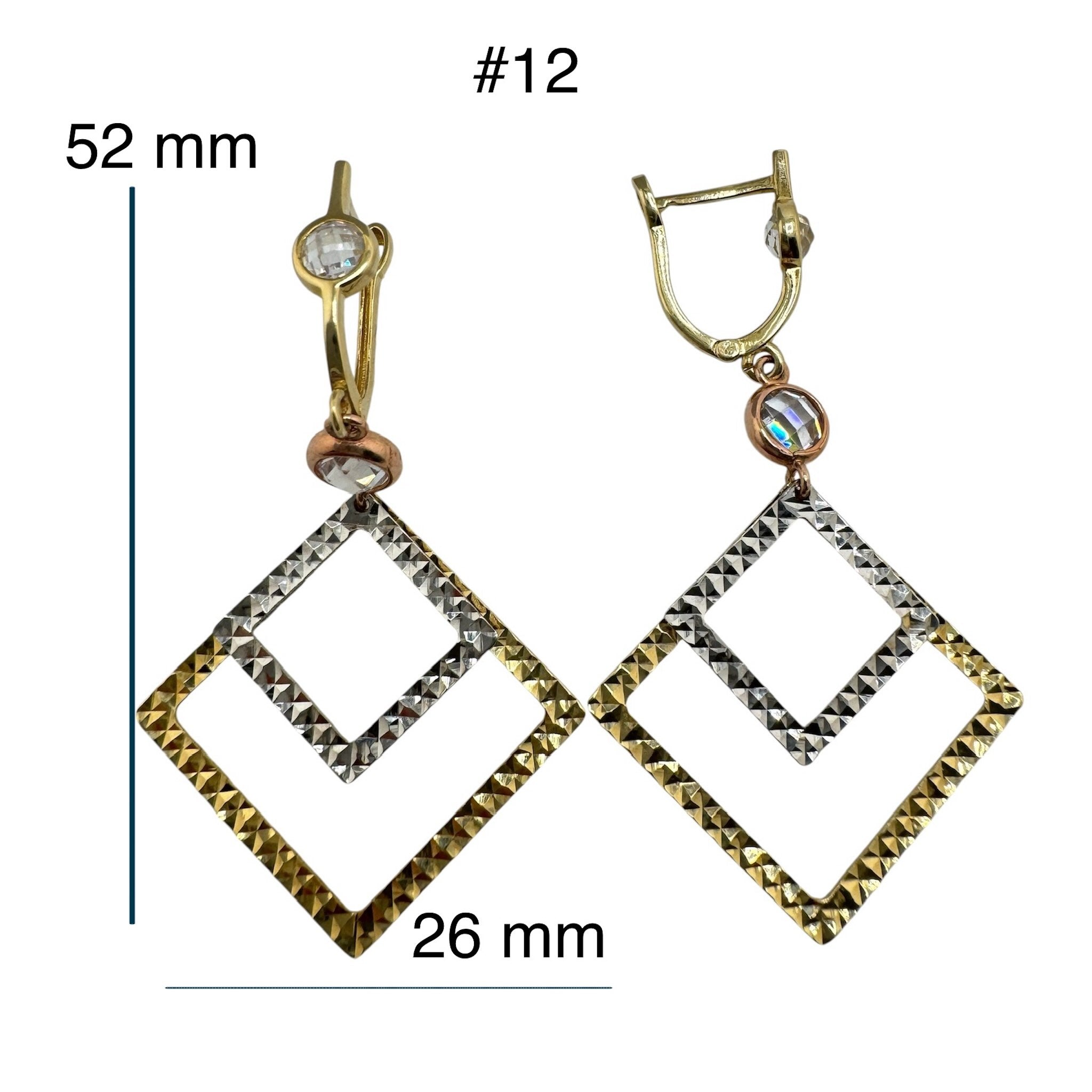 Arete largo doble Rombo diamantado cierre catalan en Oro 14k, 26x52 mm, mostrando las medidas. TuOro.