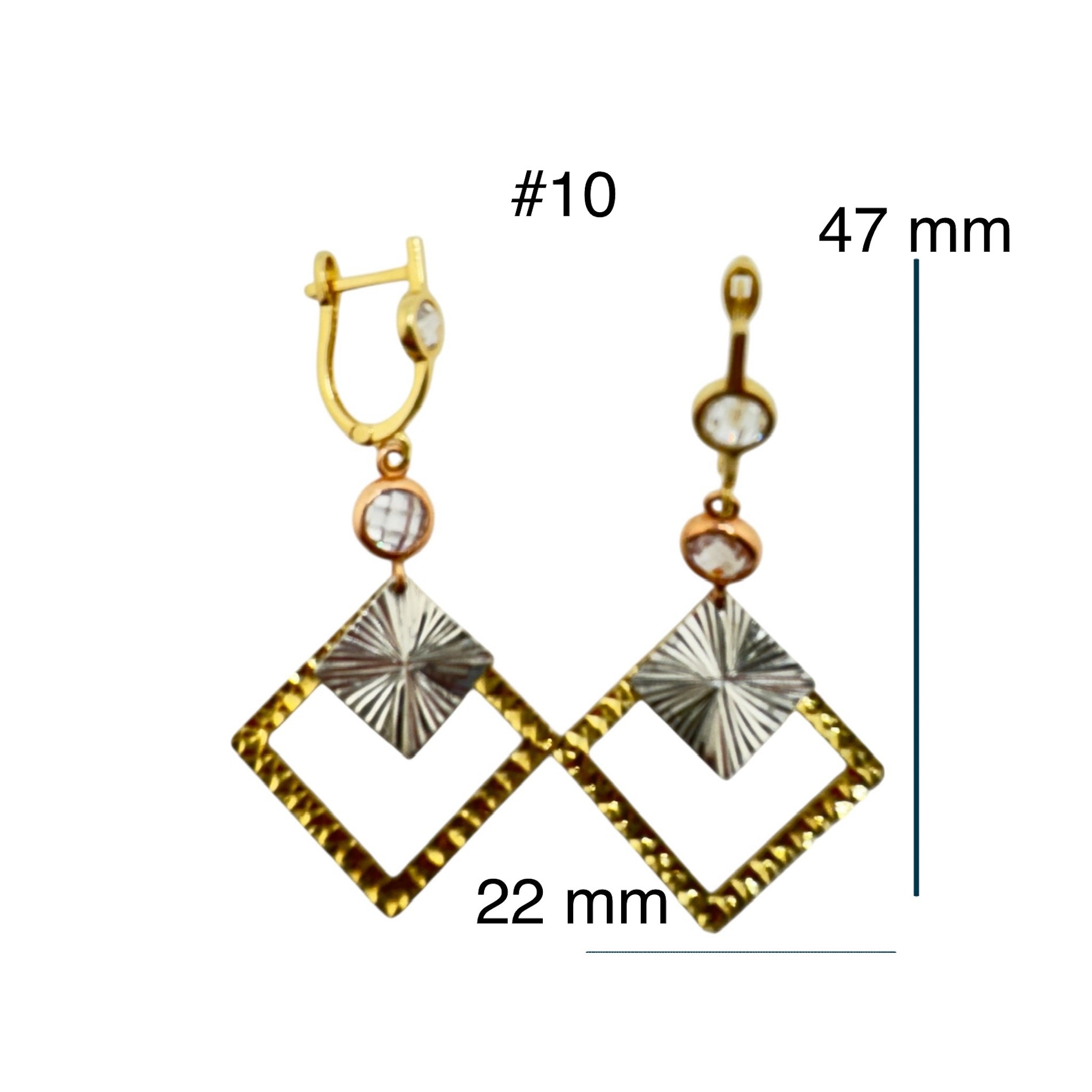 Arete largo doble rombo cierre catalan Oro 14K, 22x47 mm, mostrndo las medidas TuOro.