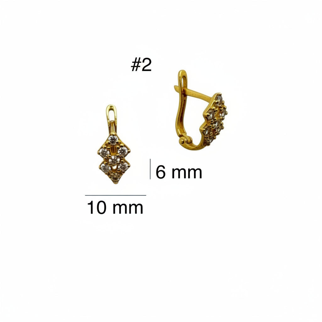 Arete doble rombo pequeño, cierre catalan en Oro 14K, Mostrando medidas, 6x10 mm. TuOro.