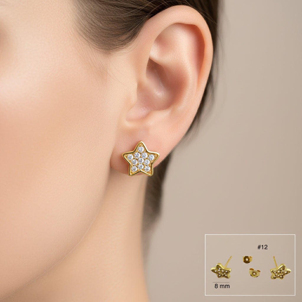 Arete pequeño con cierre mariposa en oro 14K, diseño de estrella calada con circonias, tamaño 8 mm, ideal para un estilo juvenil y elegante, TuOro.