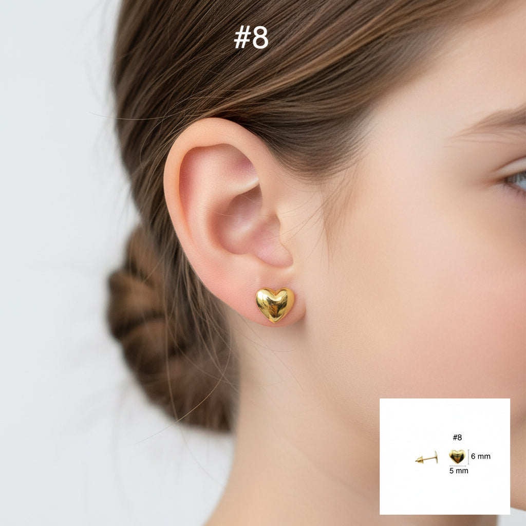 Arete pequeño en forma de corazón liso de 5 mm en oro 14K con cierre de rosca, diseño clásico y delicado ideal para uso diario, TuOro.