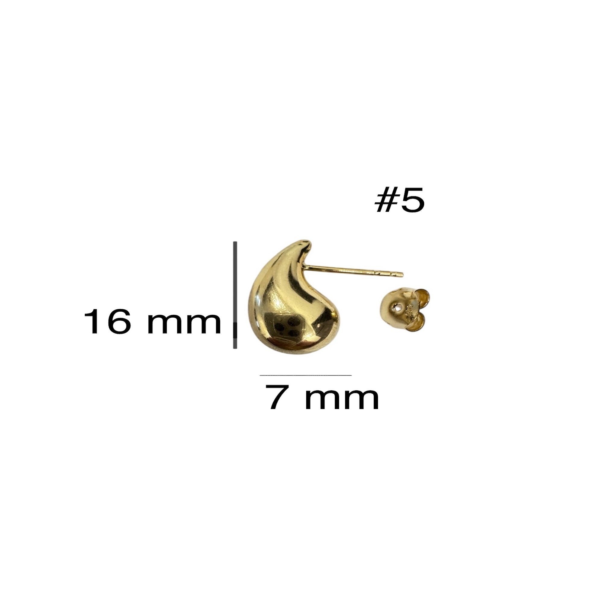 Arete pequeño en forma de gota de oro 14K con cierre mariposa, medida 16 x 7 mm, joyería elegante para uso diario.