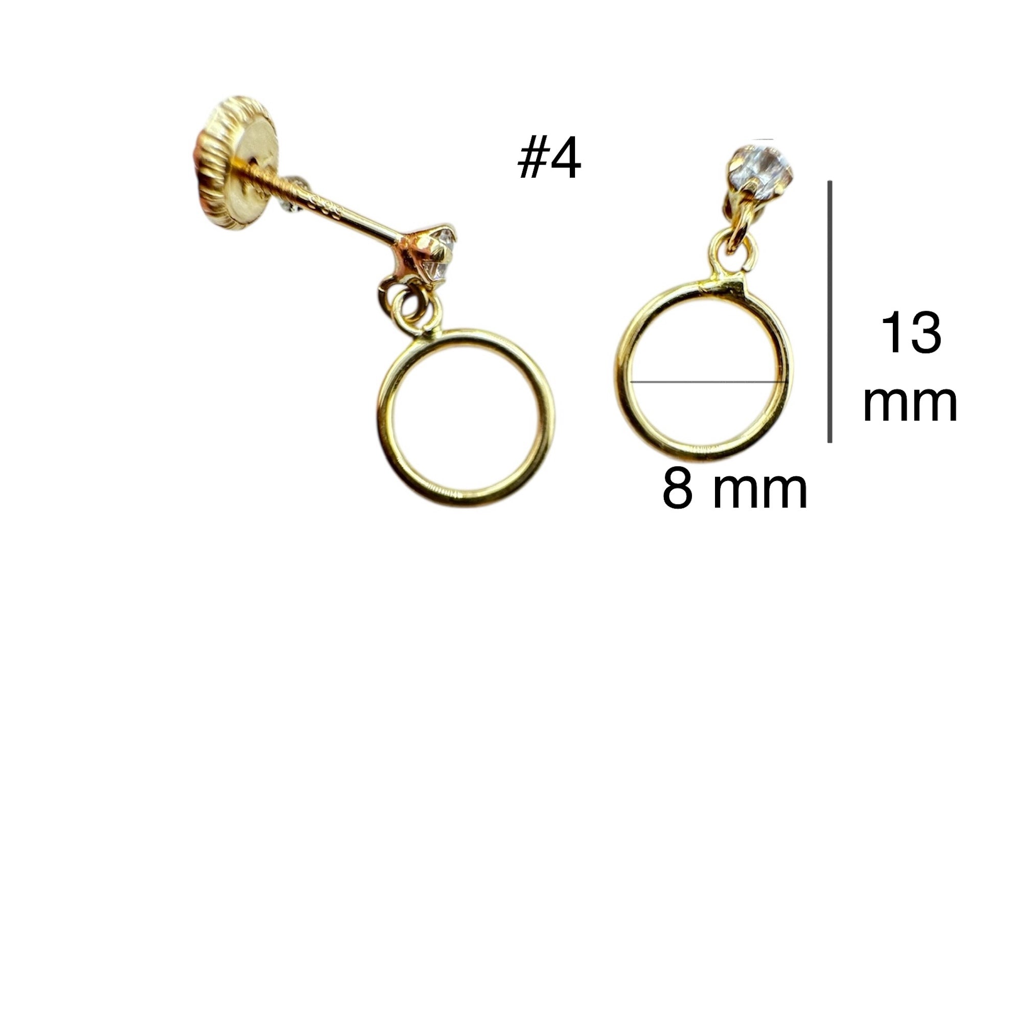 Arete pequeño en oro 14K con cierre de rosca, diseño colgante de aro liso de 8 mm con circonia, largo total 13 mm.
