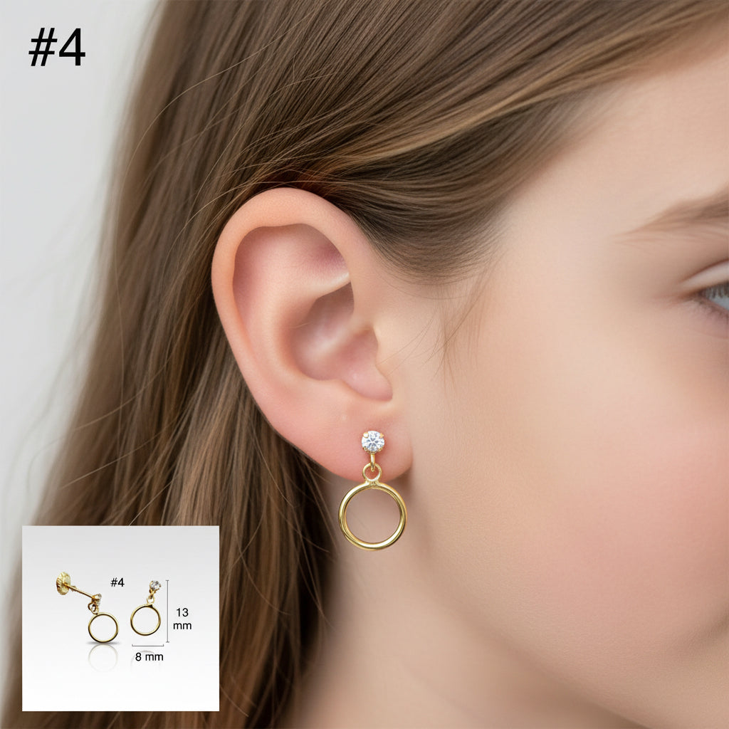 Arete pequeño en oro 14K con cierre de rosca, diseño colgante de aro liso de 8 mm con circonia, largo total 13 mm, TuOro.