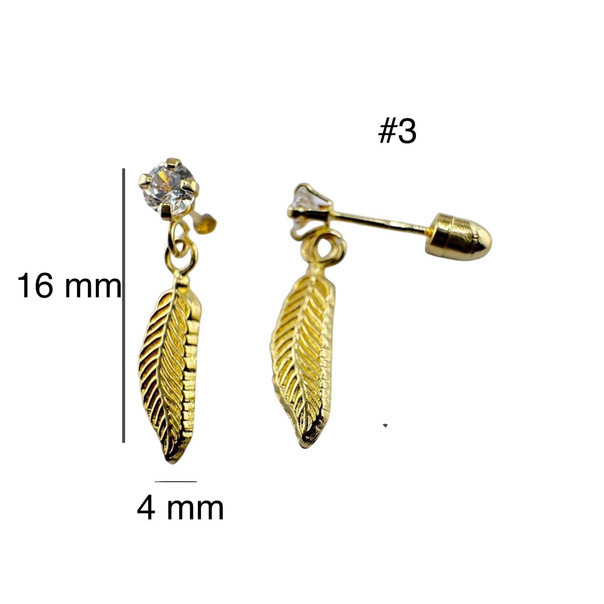 Arete pequeño en oro 14K con cierre de rosca, diseño colgante de pluma con circonia de 16 x 4 mm.