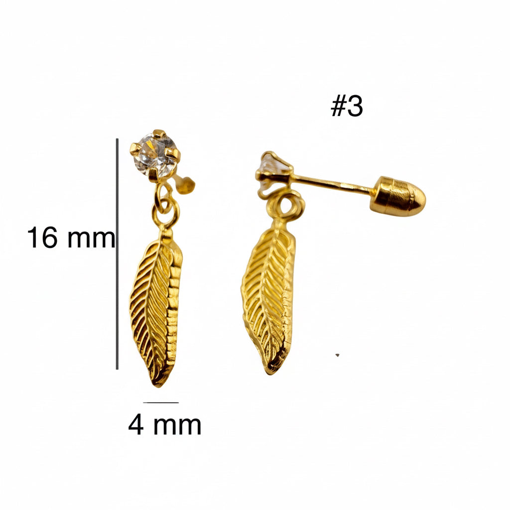 Arete pequeño en oro 14K con cierre de rosca, diseño colgante de pluma con circonia de 16 x 4 mm.
