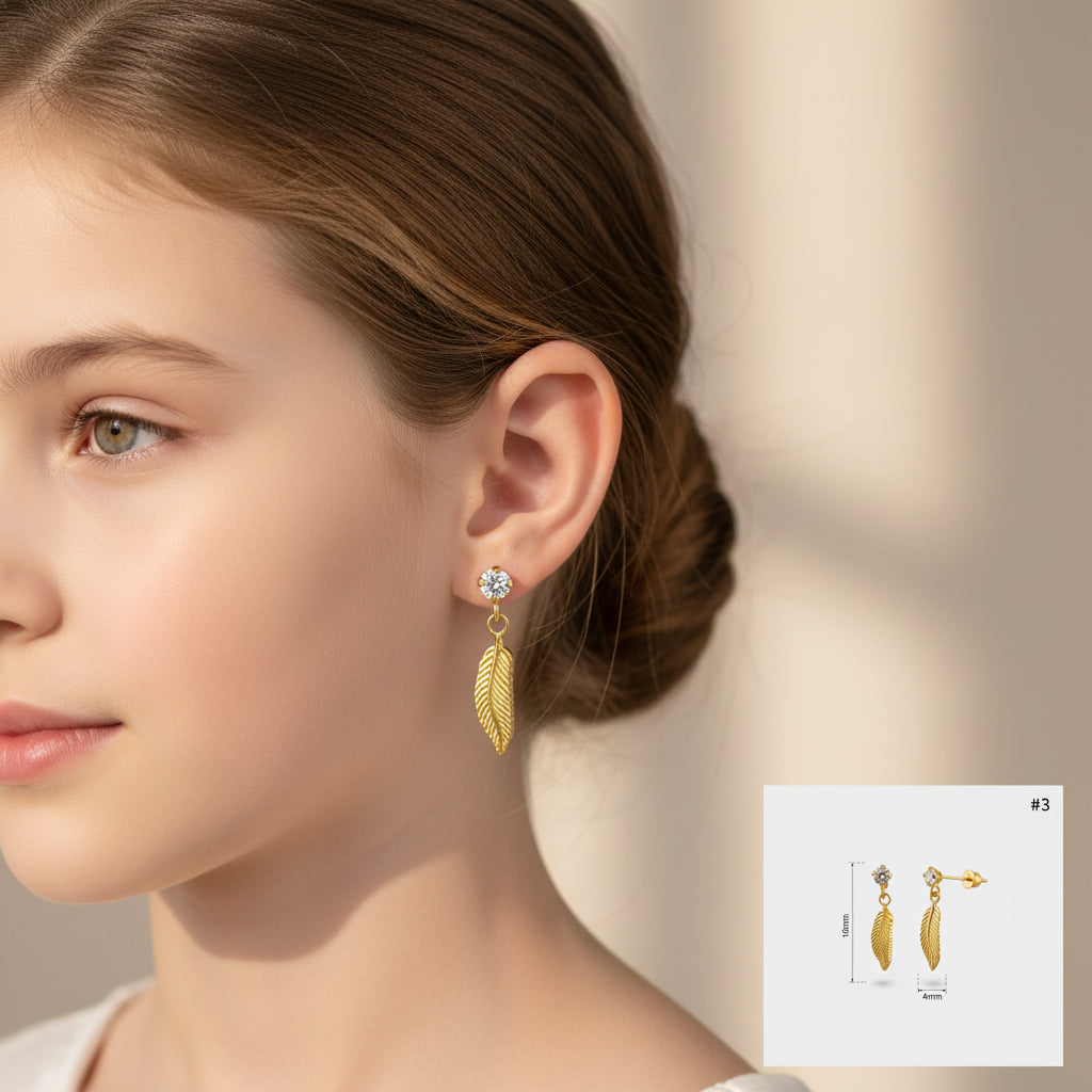 Arete pequeño en oro 14K con cierre de rosca, diseño colgante de pluma con circonia de 16 x 4 mm, TuOro.