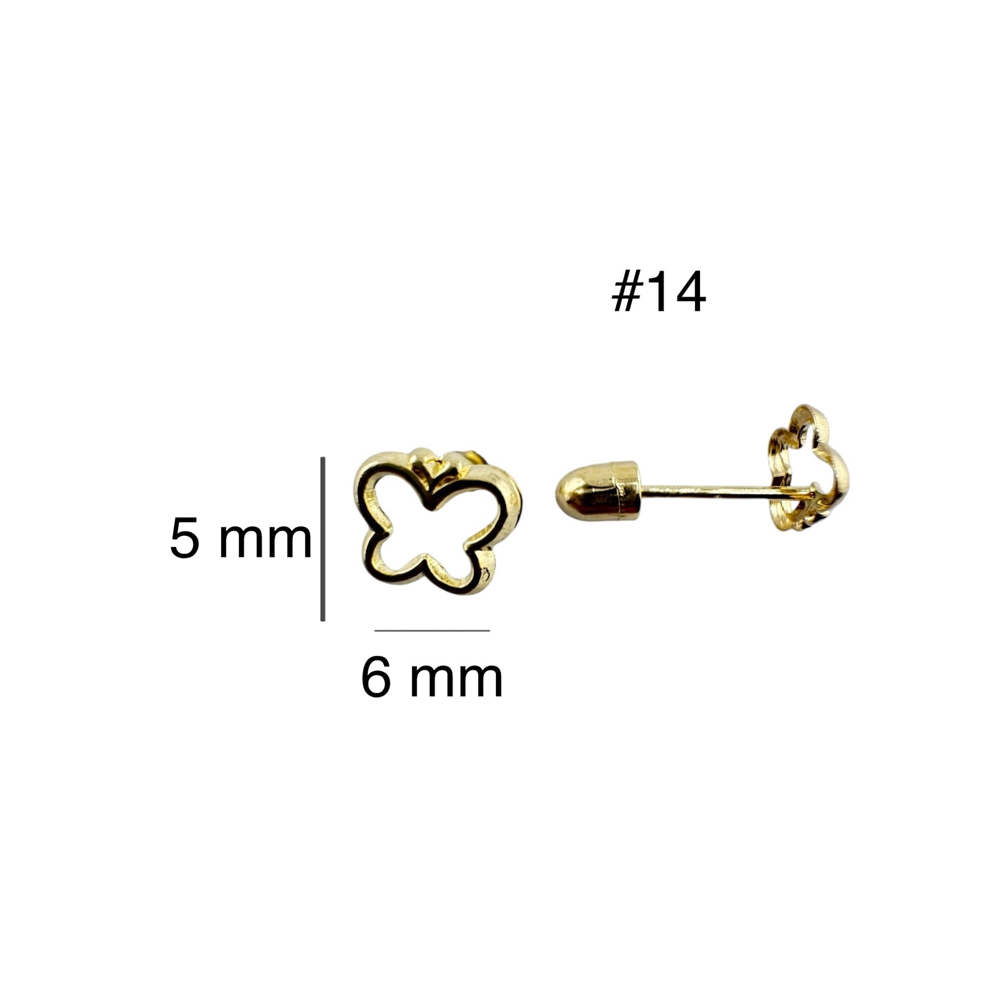 Arete pequeño en oro 14K con cierre de rosca, diseño de mariposa calada de 6 x 5 mm, ligero y elegante para uso diario.