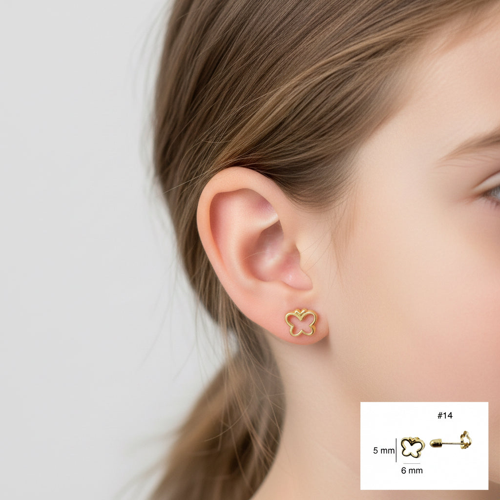 Arete pequeño en oro 14K con cierre de rosca, diseño de mariposa calada de 6 x 5 mm, ligero y elegante para uso diario, TuOro.