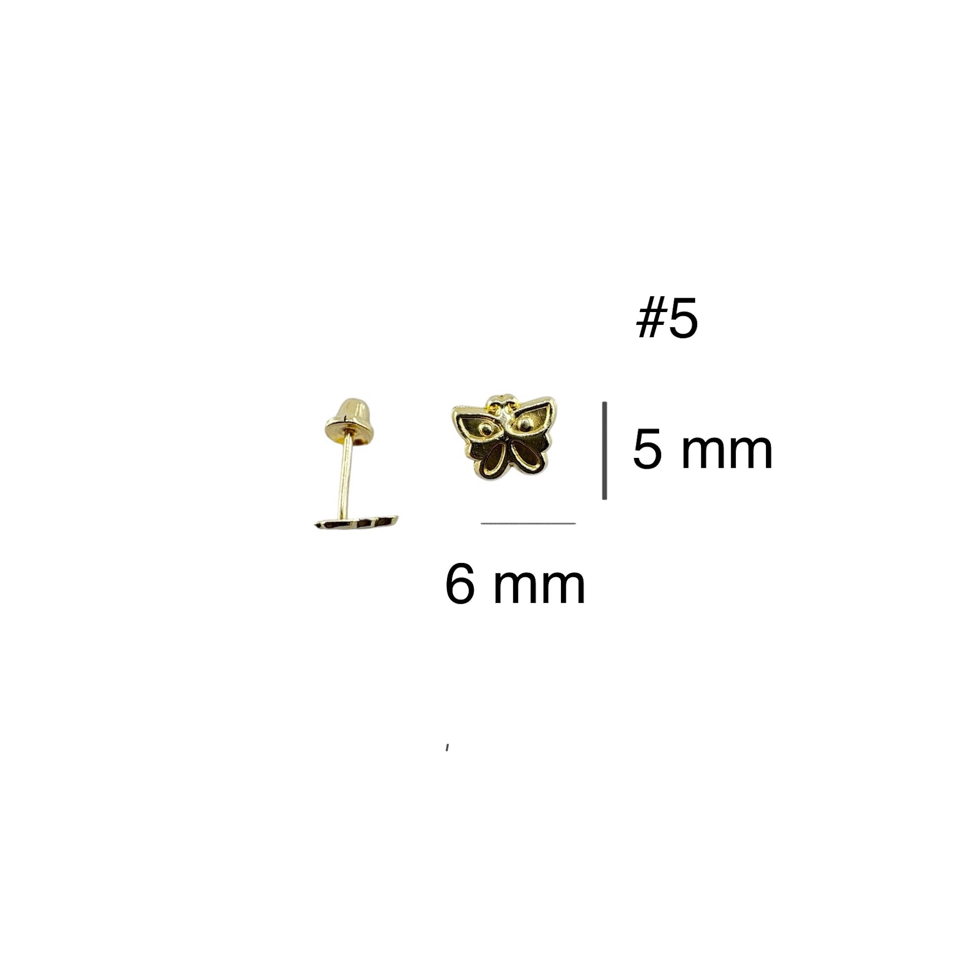 Arete pequeño en oro 14K con cierre de rosca, diseño de mariposa maciza de 6 x 5 mm, delicado y juvenil.
