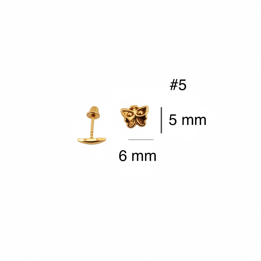 Arete pequeño en oro 14K con cierre de rosca, diseño de mariposa maciza de 6 x 5 mm, delicado y juvenil.
